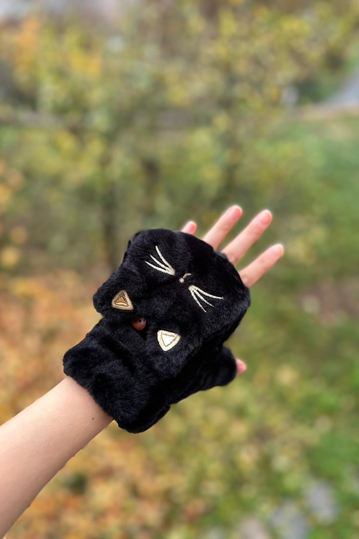 Sweat Cat Design İçi Kürlklü Premium Parmaksız Kapaklı Eldiven