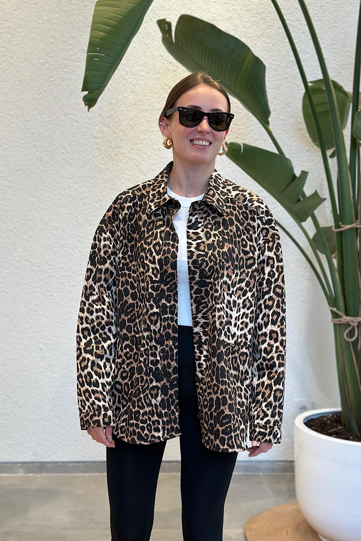 Gabardin Kumaş Leopar Tasarım Gömlek/Ceket