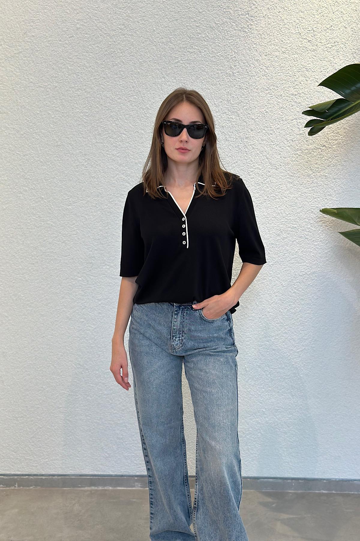 Kontrast Polo Yaka Düğmeli Merserize Triko Bluz