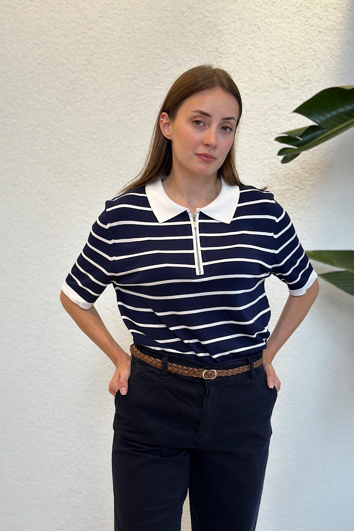 Polo Fleto Fermuar Yaka Çizgili Premium Merserize Triko