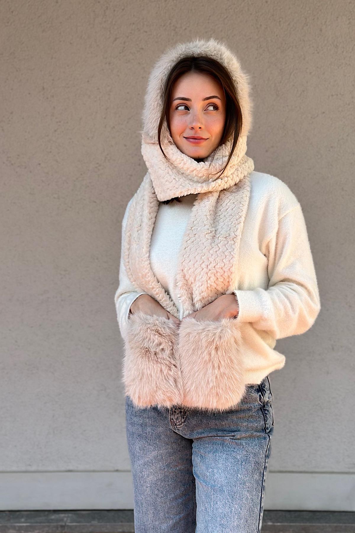 Suni Kürk Detaylı Ultra Premium Soft Touch Cep Detaylı Balaklava / Atkı Detaylı Bere