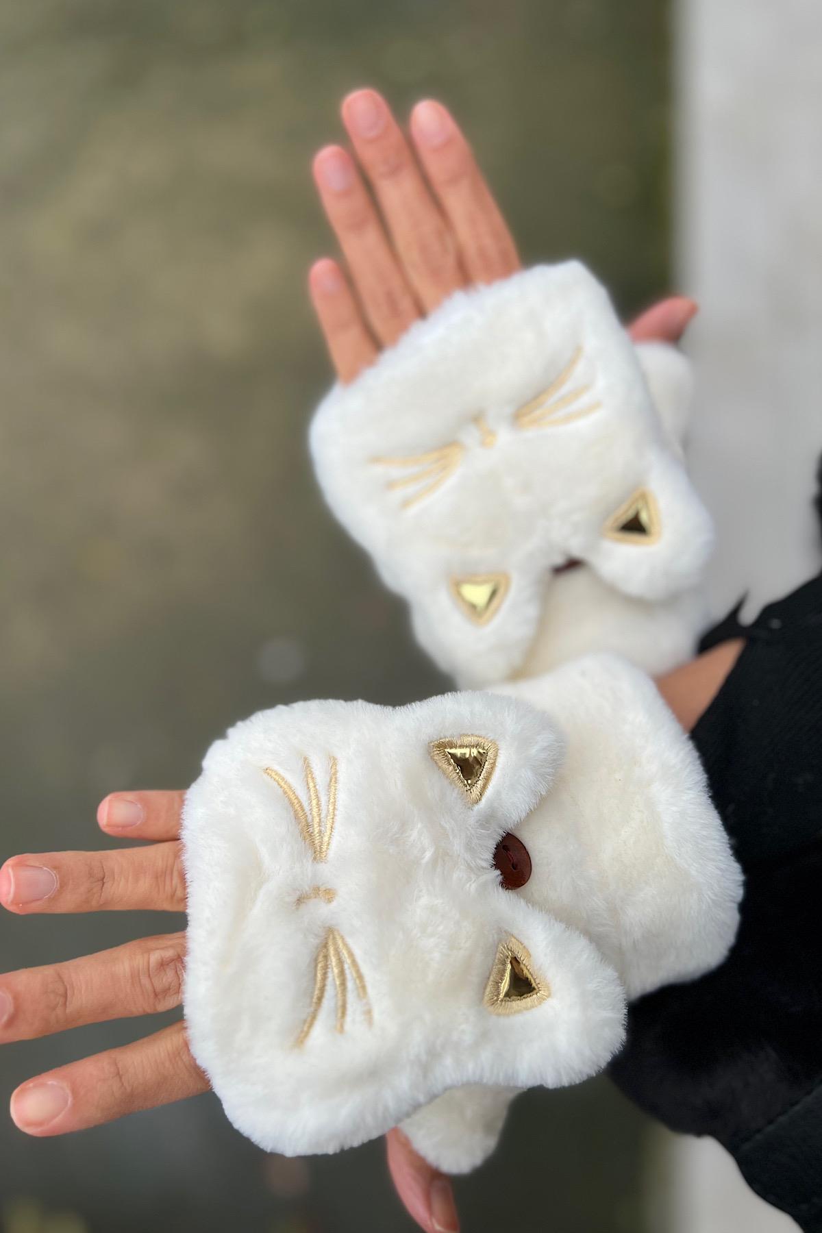 Sweat Cat Design İçi Kürlklü Premium Parmaksız Kapaklı Eldiven