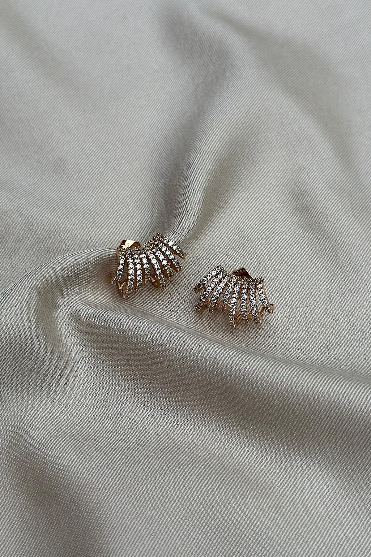 18K Altın Kaplama 8 Sıra Taş Tasarım Premium Küpe