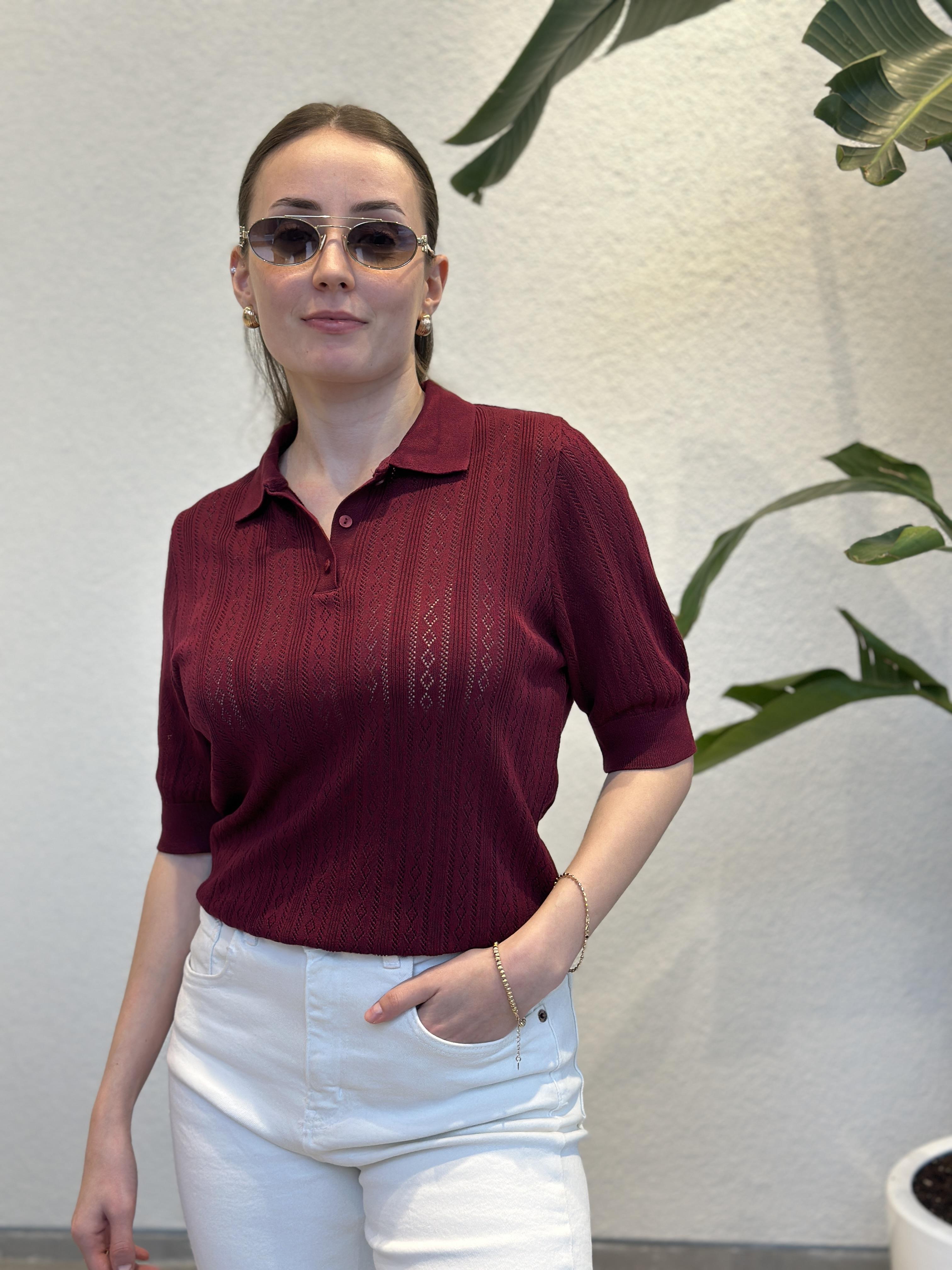 Polo Yaka Vintage Ajur Detaylı Premium Triko / T-Shirt