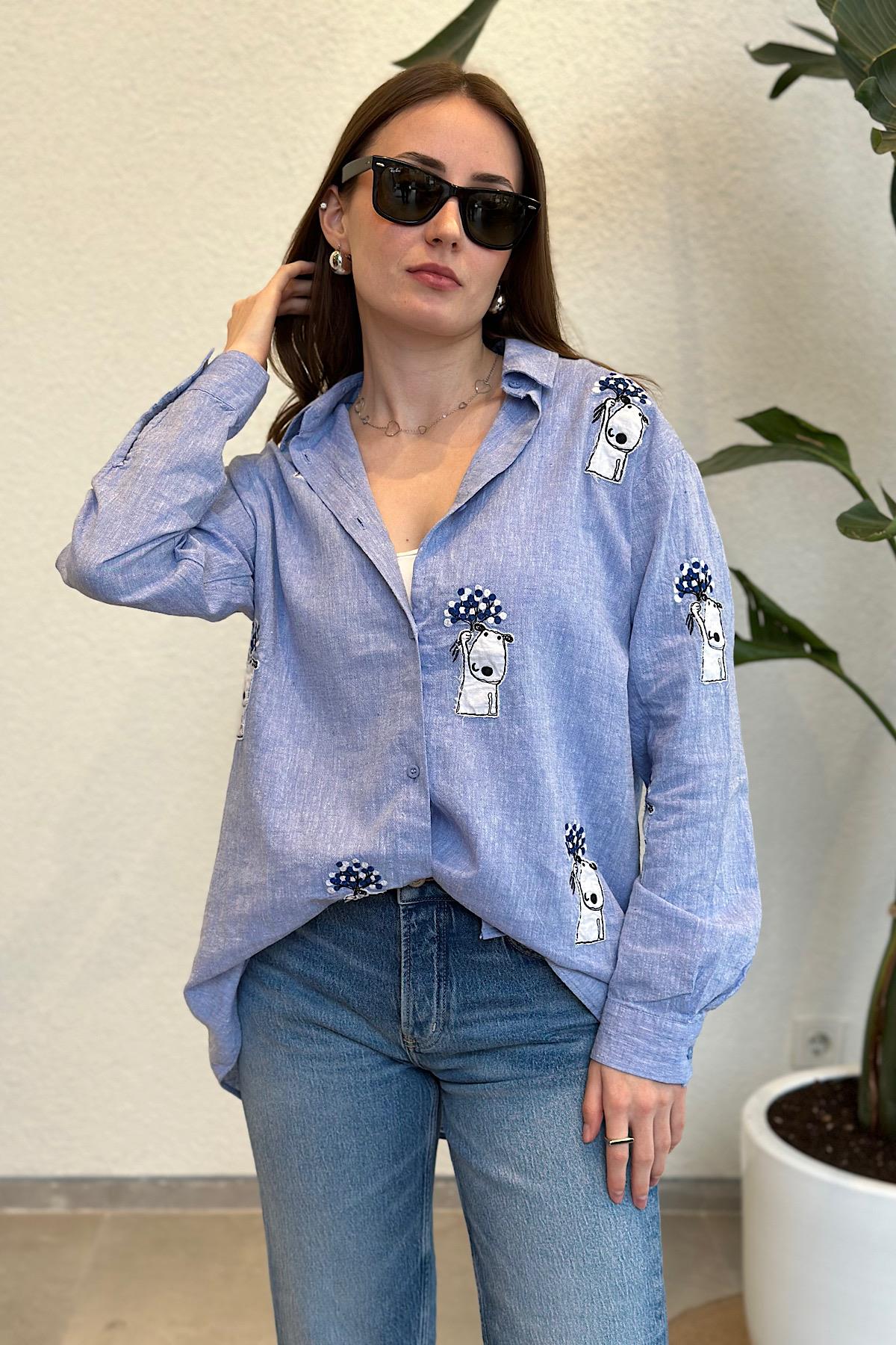 Premium Snoopy Design Oversize Keten Gömlek