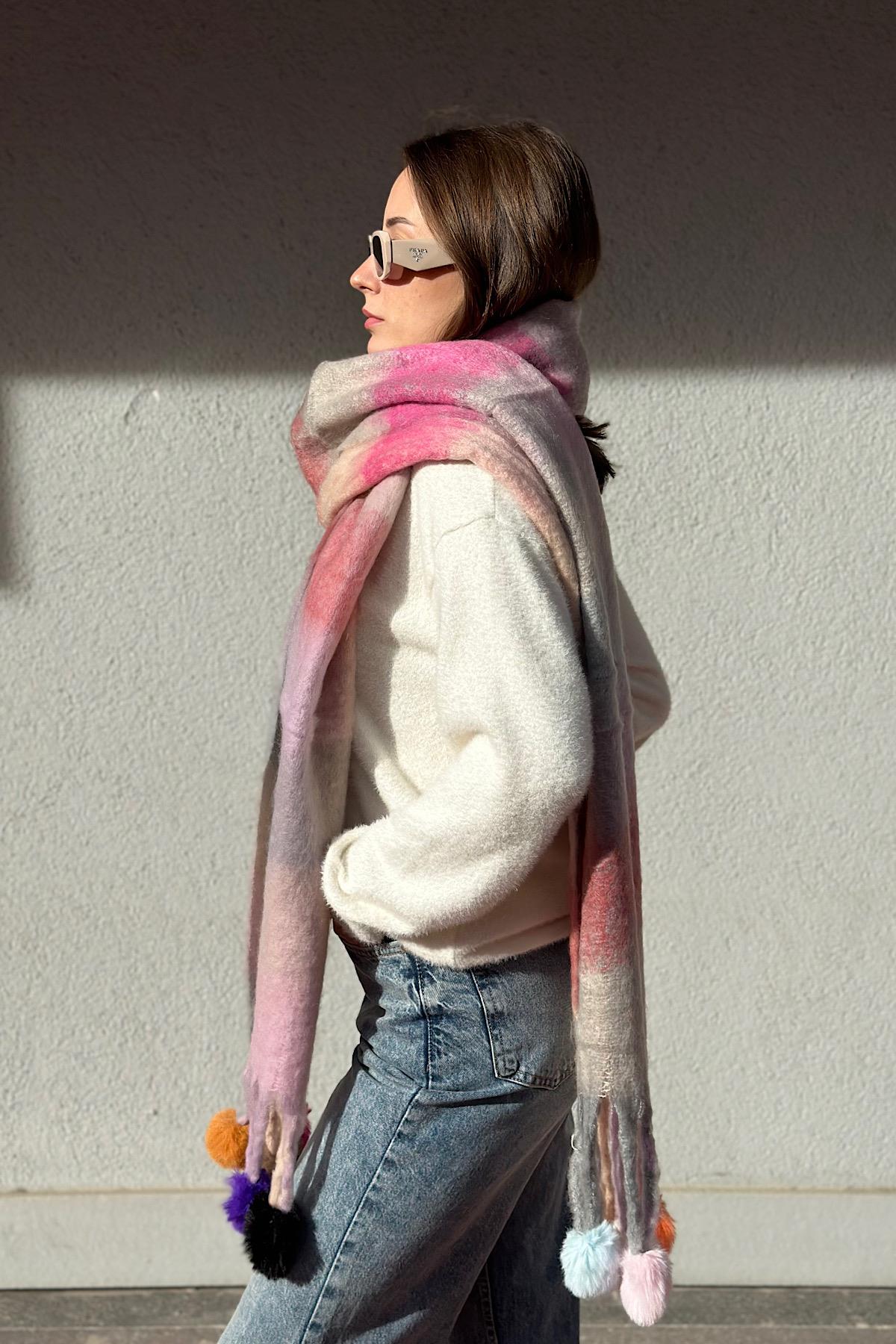 Angora Dokulu Ponpon Detay Kalın Saçaklı Pinterest Viral Premium Atkı