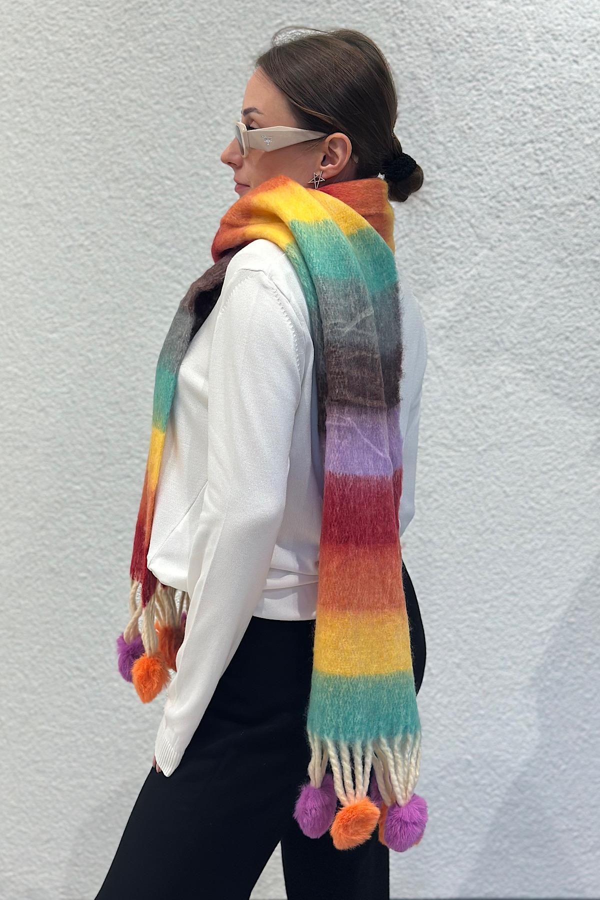 Angora Dokulu Ponpon Detay Kalın Saçaklı Pinterest Viral Premium Atkı