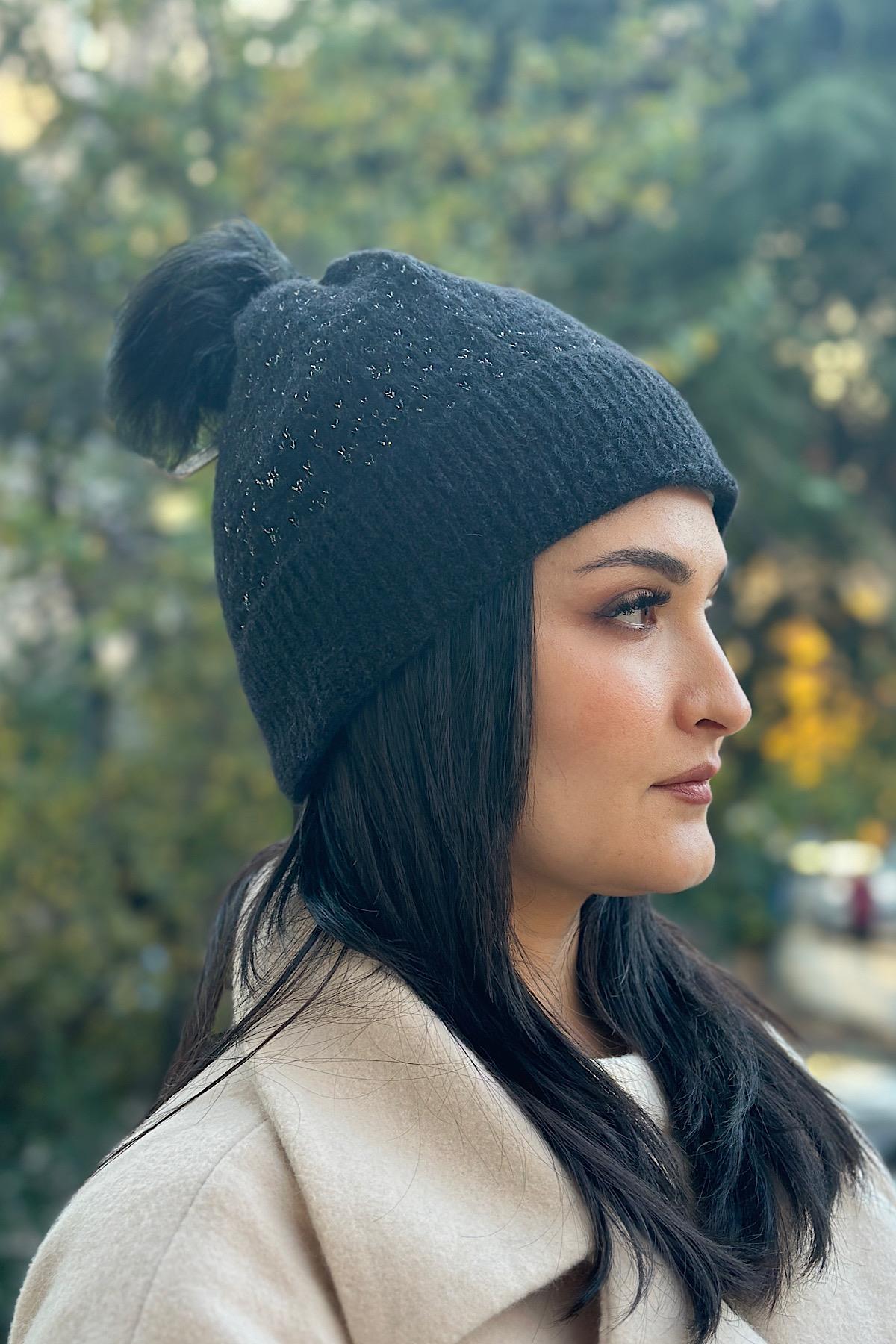 Sim Efektli Kürk Ponponlu İçi Kürk Premium Bere