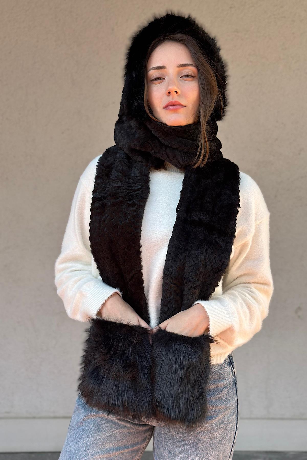 Suni Kürk Detaylı Ultra Premium Soft Touch Cep Detaylı Balaklava / Atkı Detaylı Bere