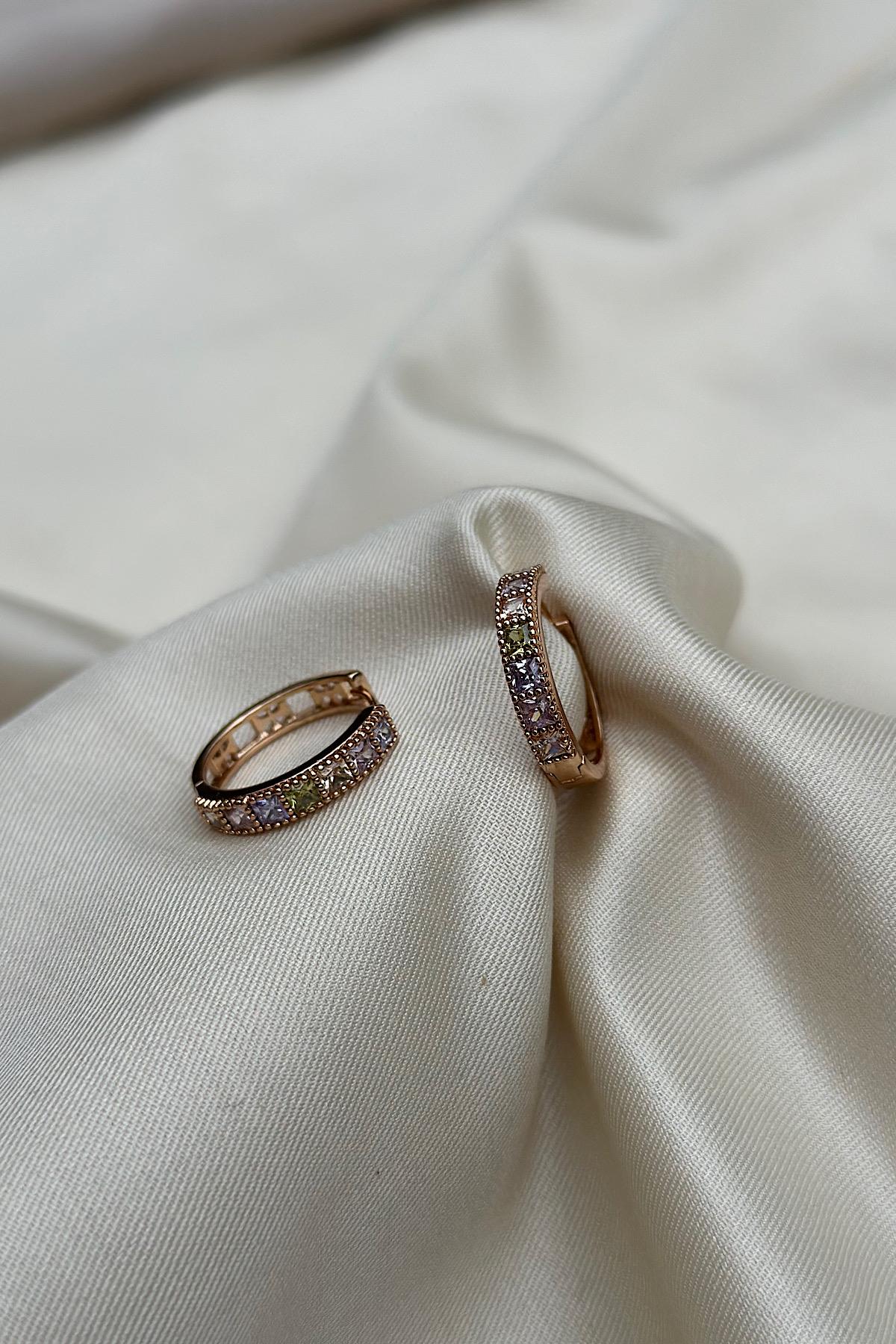 18K Altın Kaplama Renkli Kare Taşlı Halka Küpe