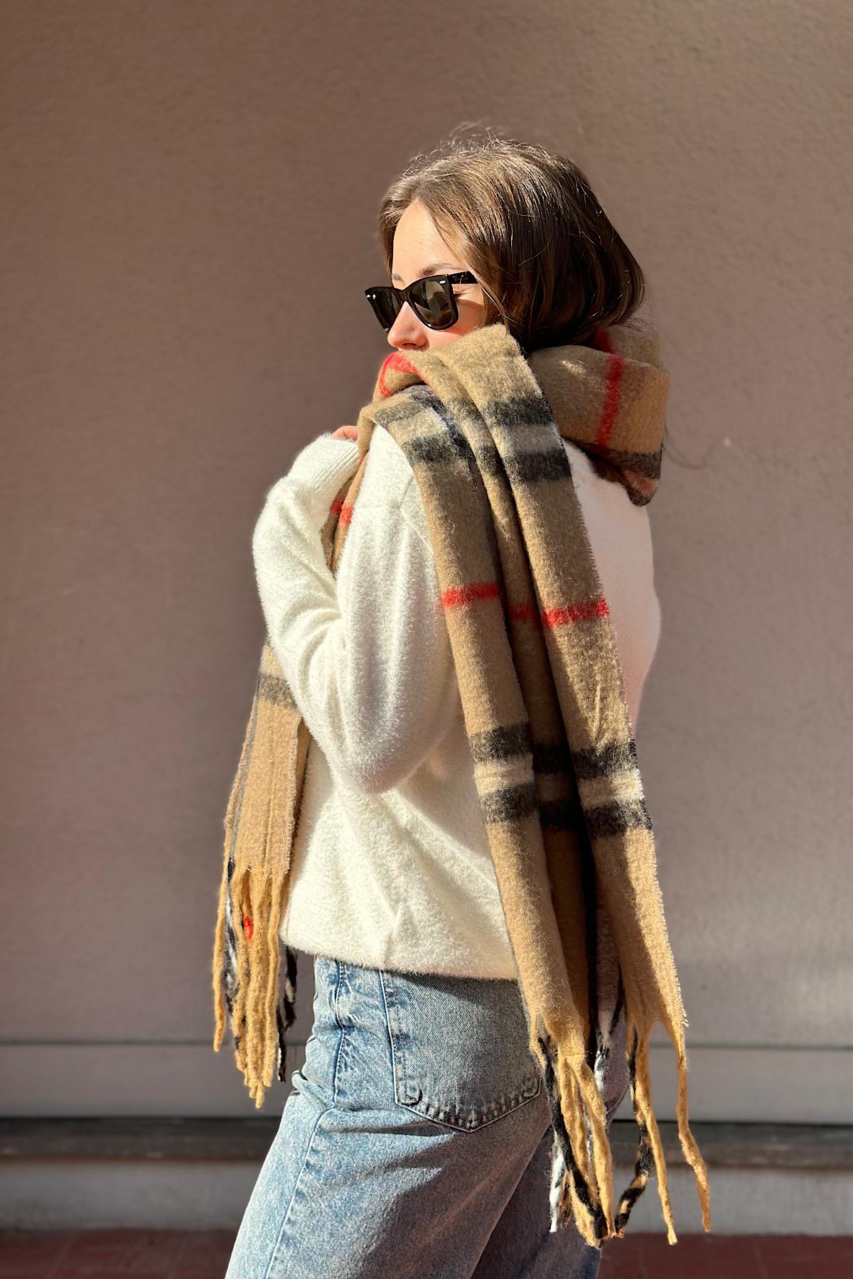 London Exclusive Kaşmir Dokulu Kalın Saçaklı Premium Atkı