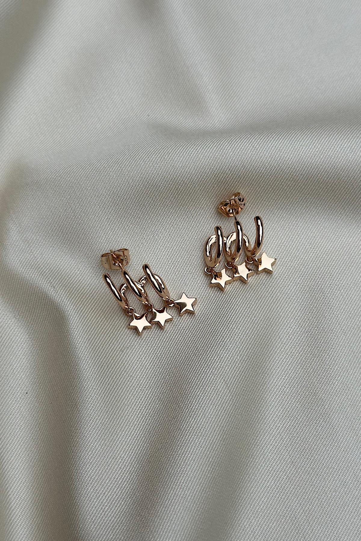 18K Altın Kaplama Rockstar Sallantılı 3 Sıra Küpe