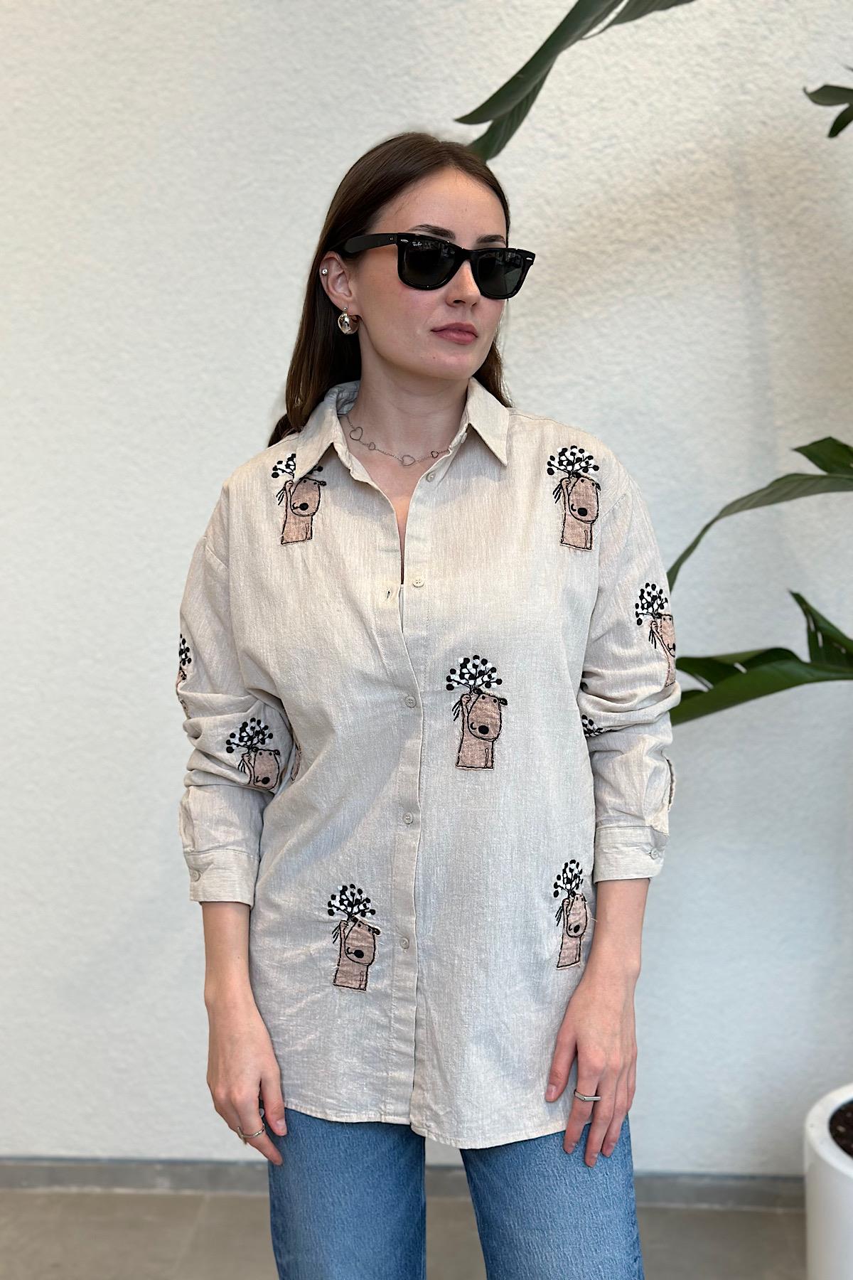 Premium Snoopy Design Oversize Keten Gömlek