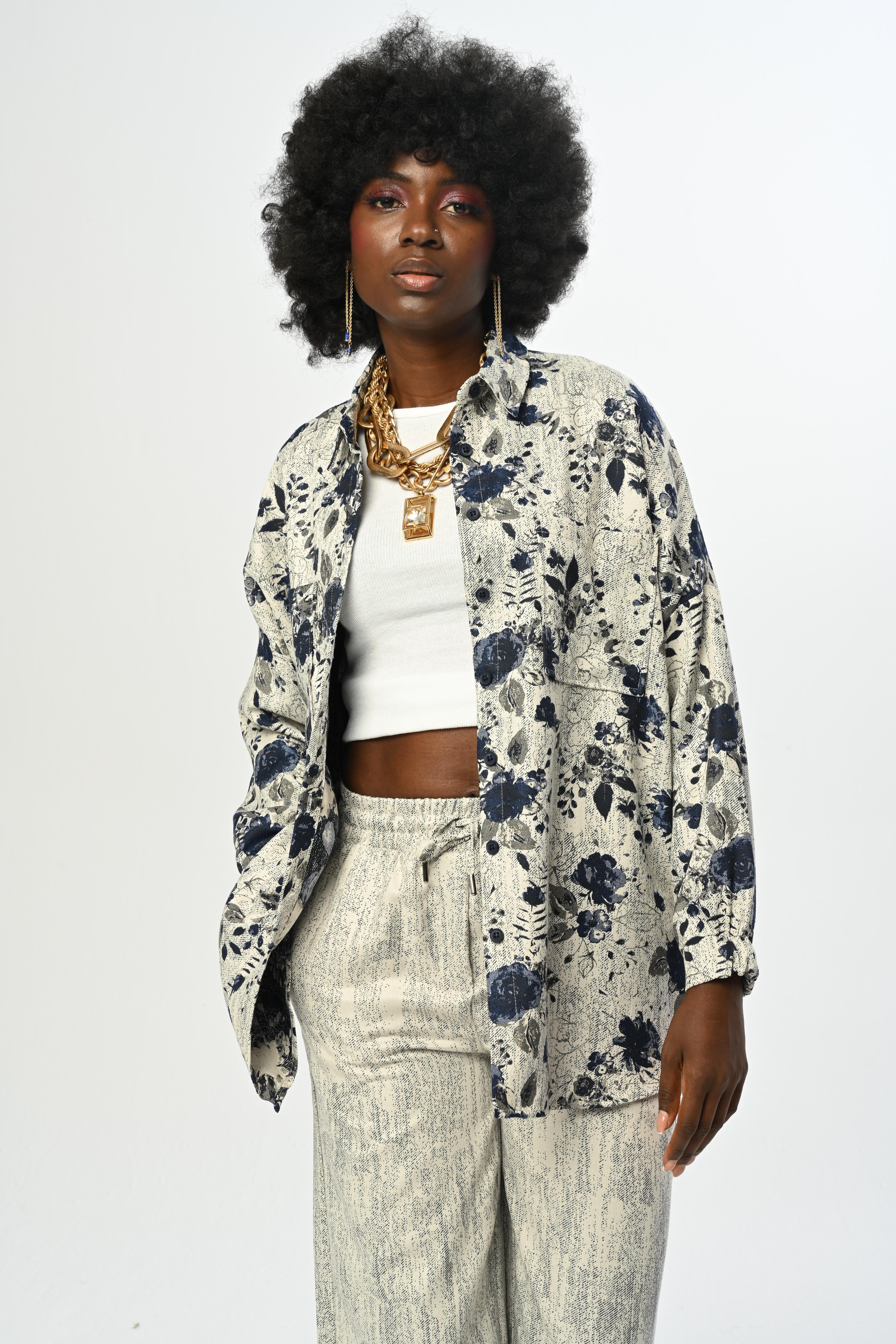 Giardini Mavi Çiçek Tasarım Premium Oversize İpek Şifon Gömlek