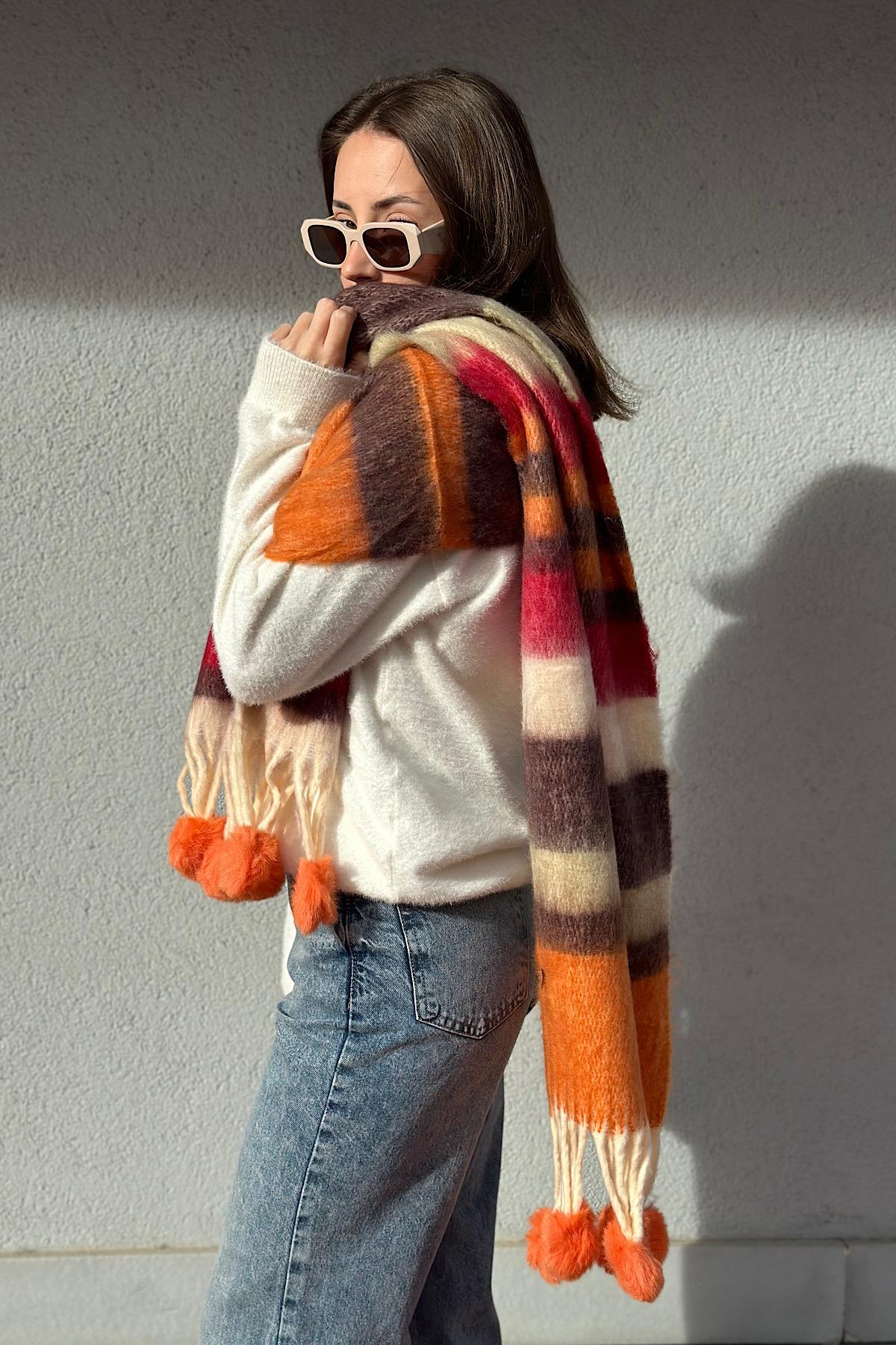 Angora Dokulu Ponpon Detay Kalın Saçaklı Pinterest Viral Premium Atkı