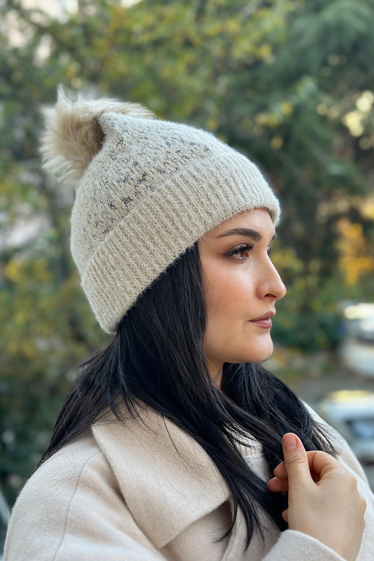 Sim Efektli Kürk Ponponlu İçi Kürk Premium Bere