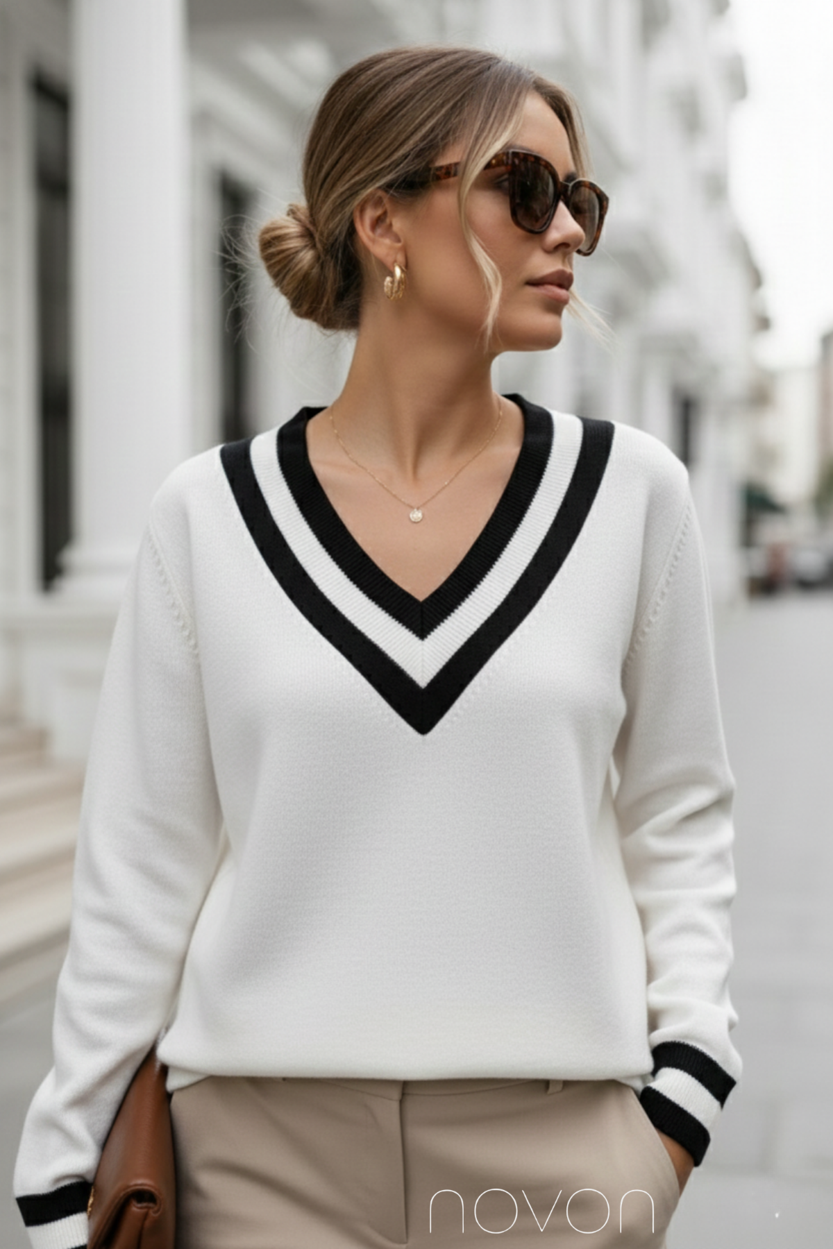 V Yaka ve Kolları Şerit Merserize Triko