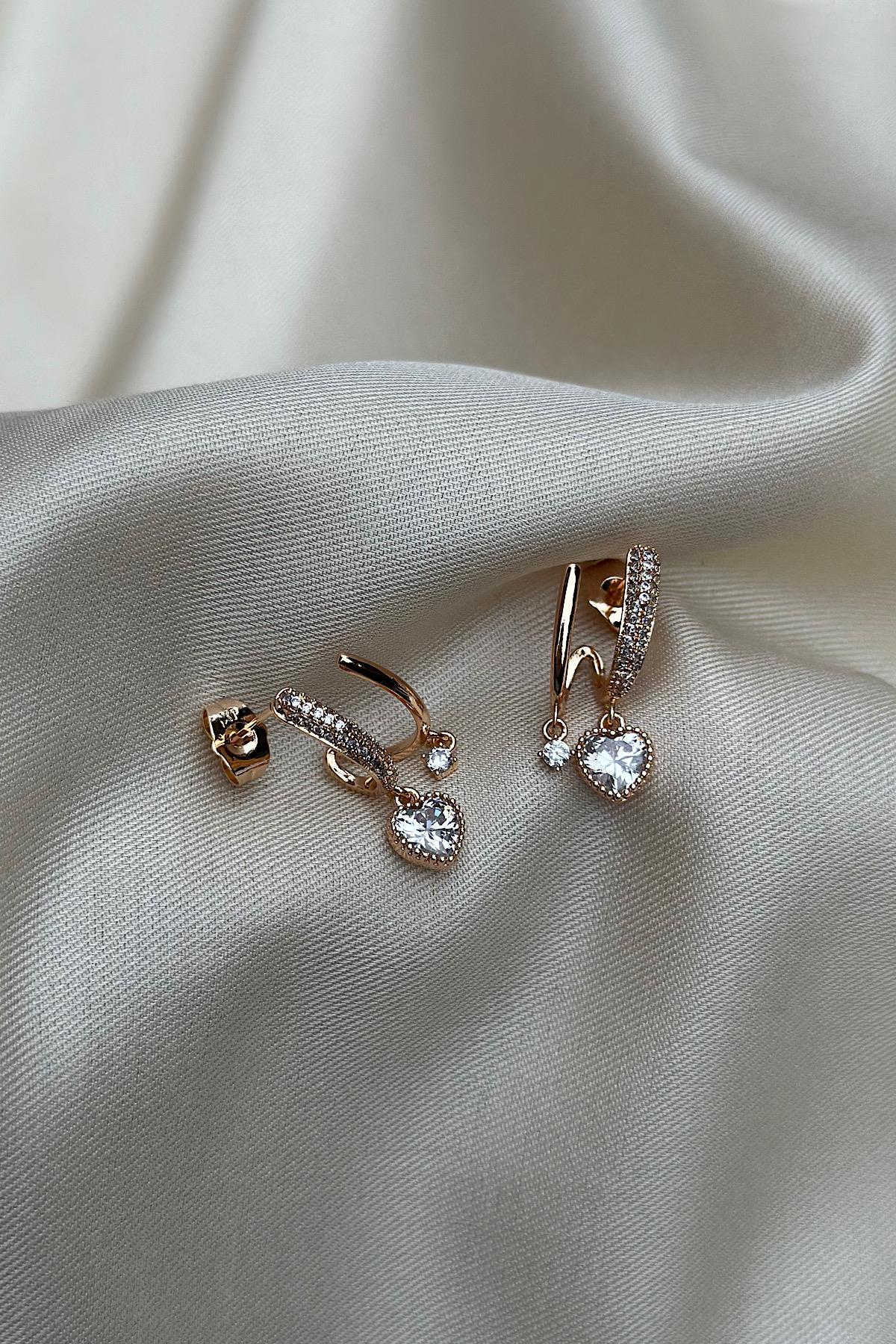 18K Altın Kaplama Çift Sıra Kalp Sallantılı Premium Küpe