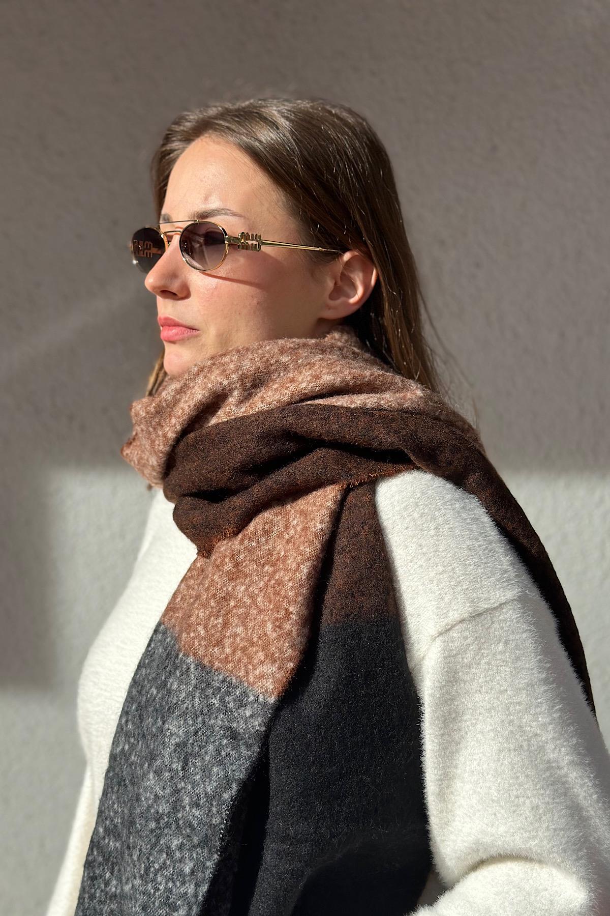 Angora Dokulu Renk Blok Detay Kalın Saçaklı Pinterest Viral Premium Atkı 220 x 40 cm