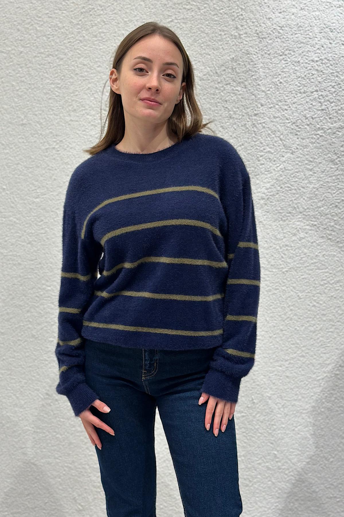 Marin Çizgi Detaylı Premiıum Soft Touch Triko Kazak