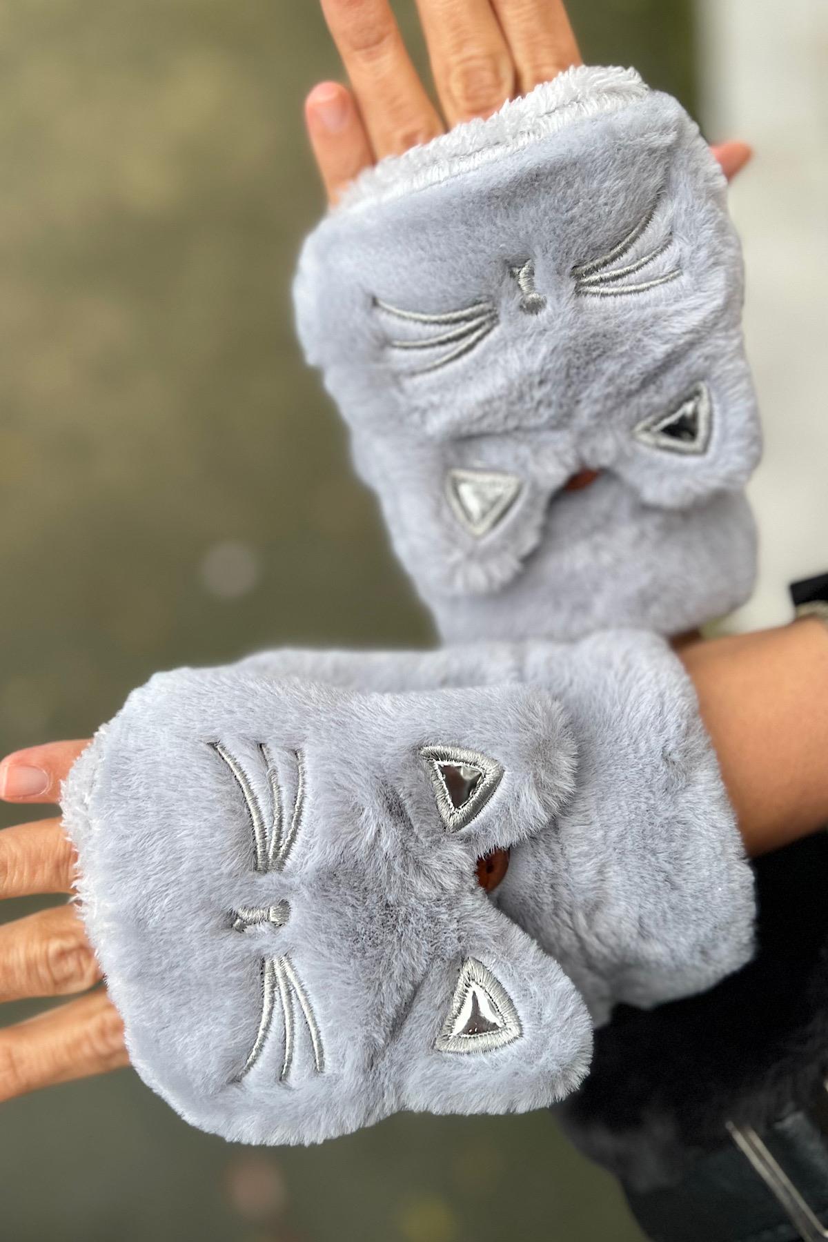 Sweat Cat Design İçi Kürlklü Premium Parmaksız Kapaklı Eldiven