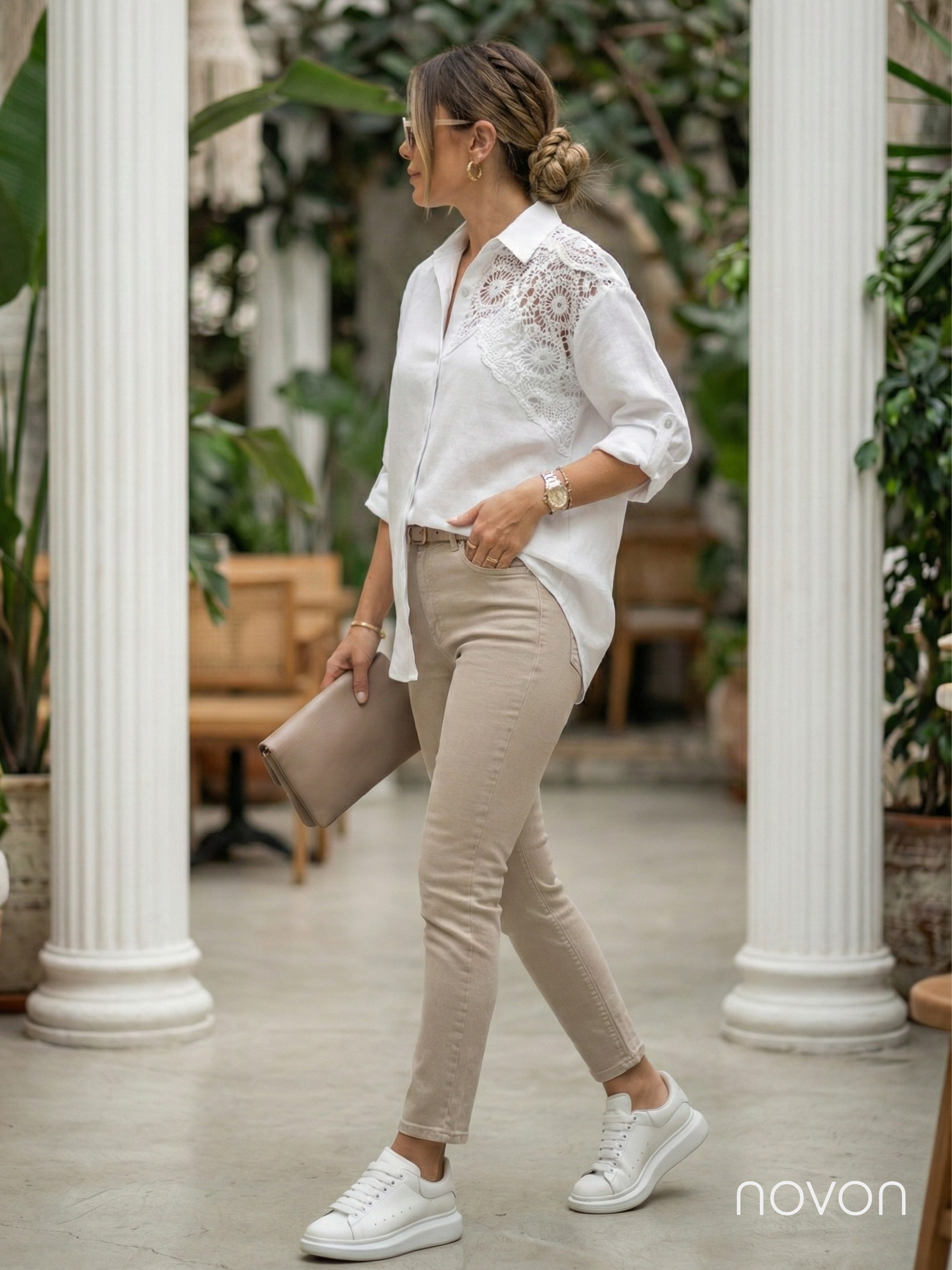 Sol Omuz Dantel Nakış Detaylı Premium Gömlek