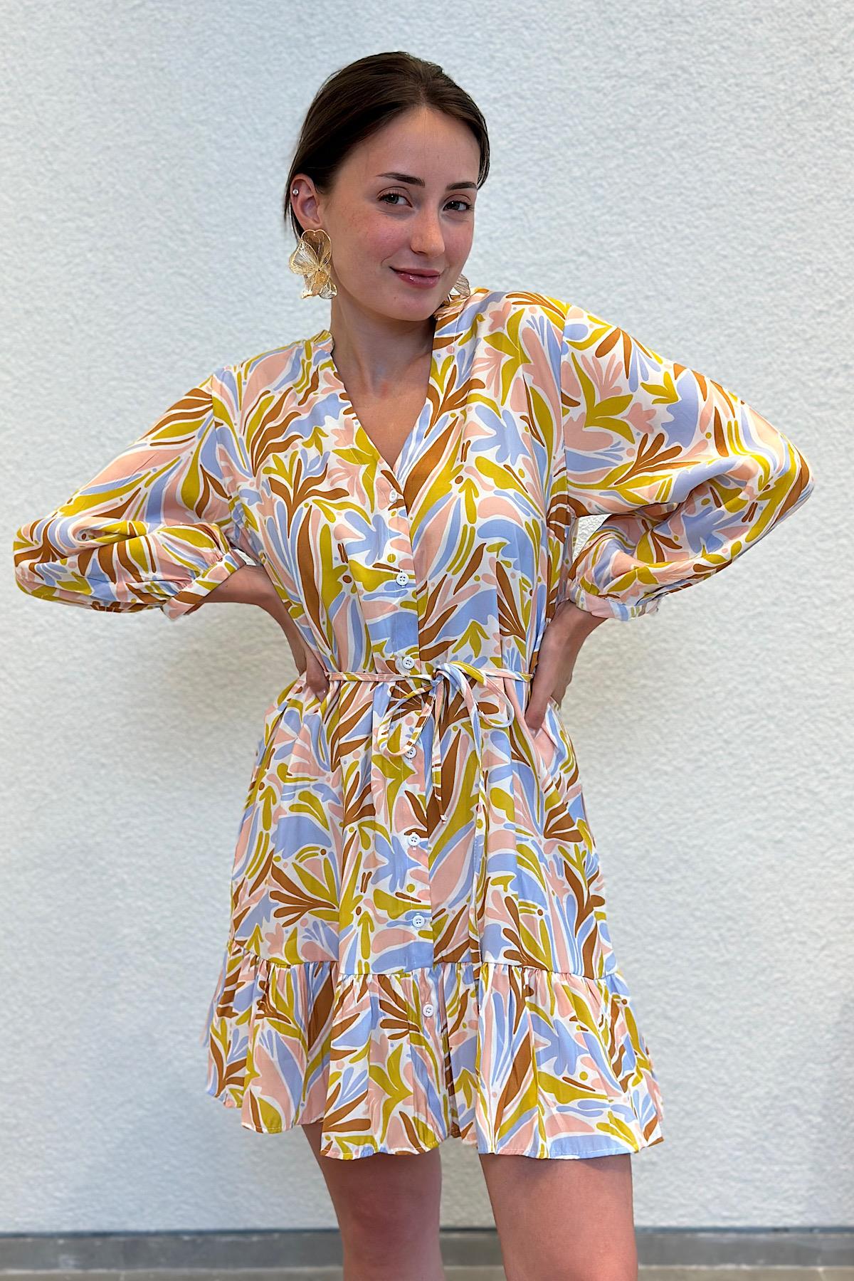 Polo Yaka Floral Pattern Mini Gömlek Elbise