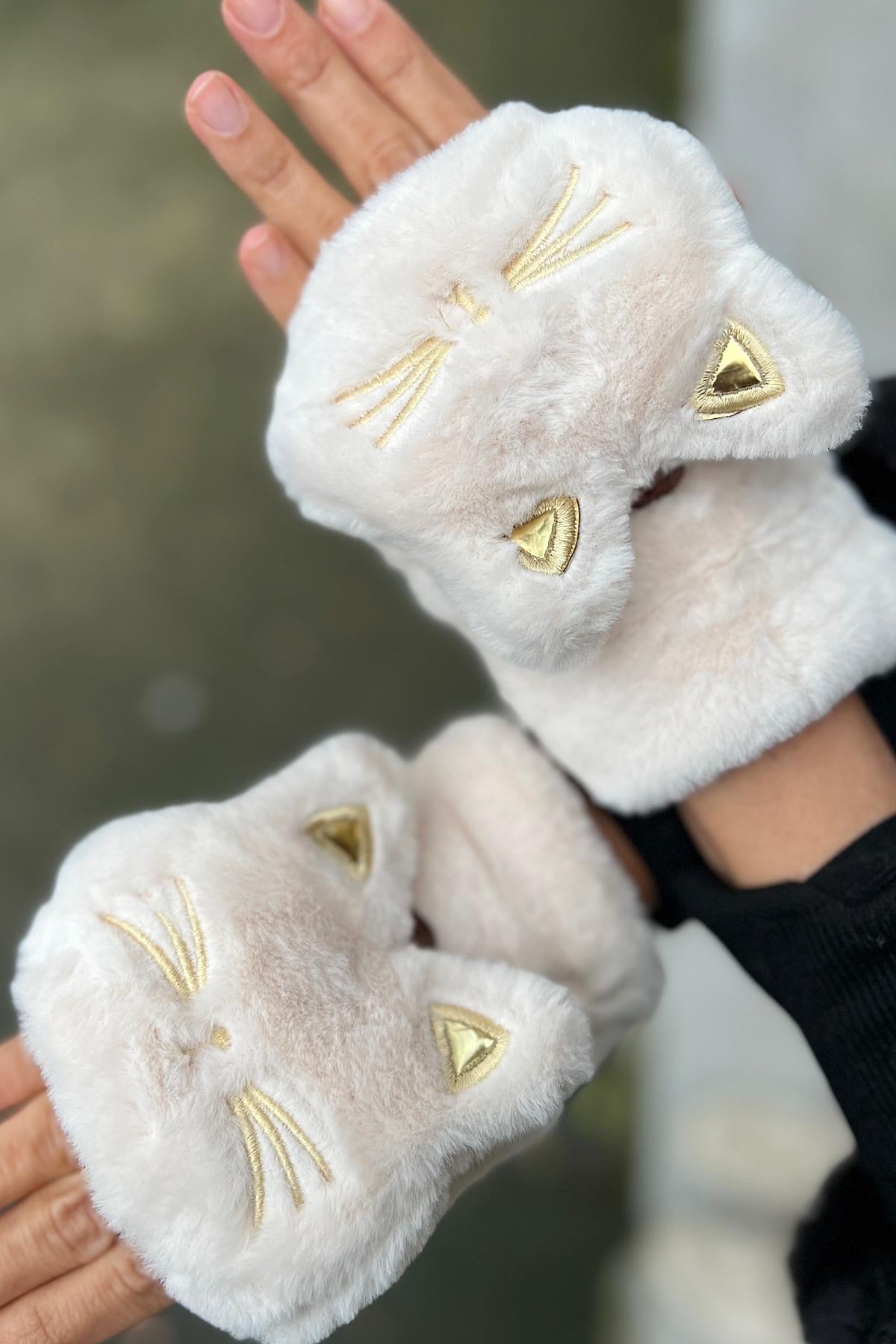 Sweat Cat Design İçi Kürlklü Premium Parmaksız Kapaklı Eldiven