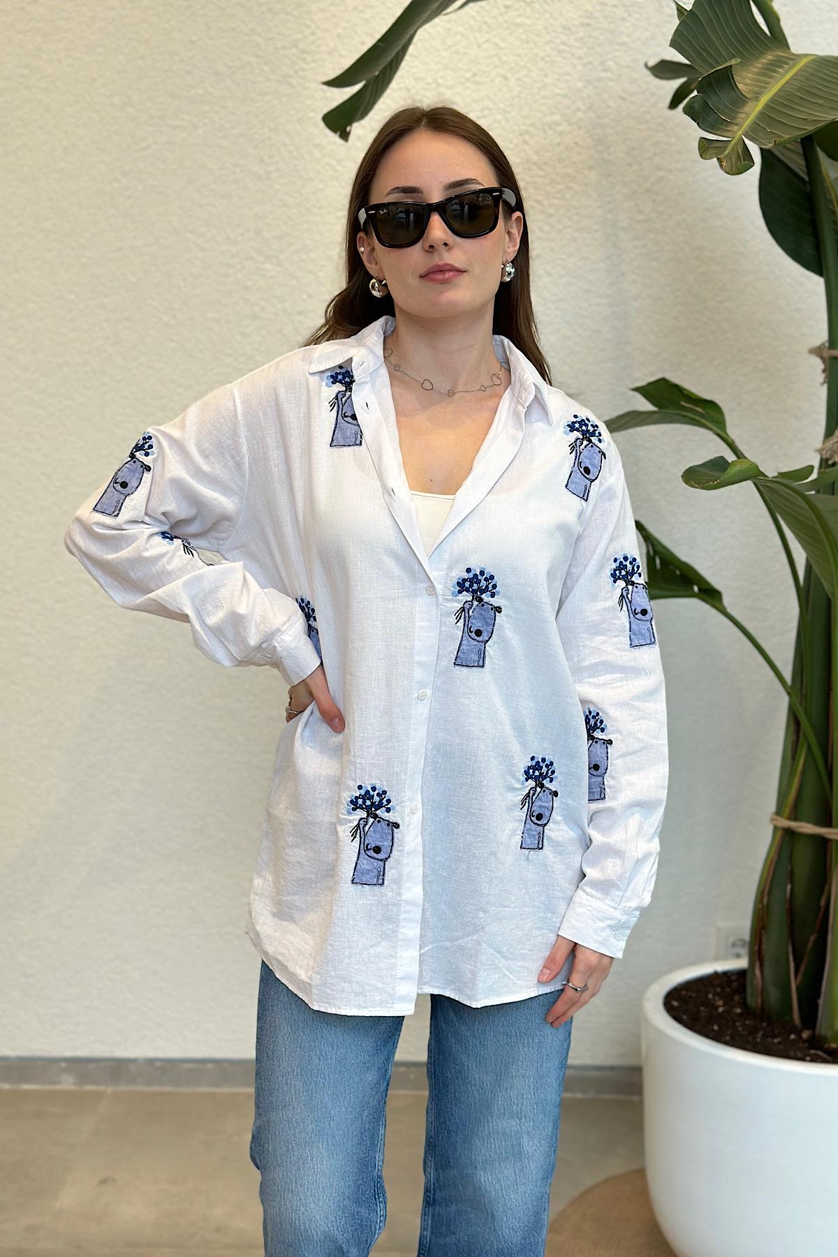 Premium Snoopy Design Oversize Keten Gömlek