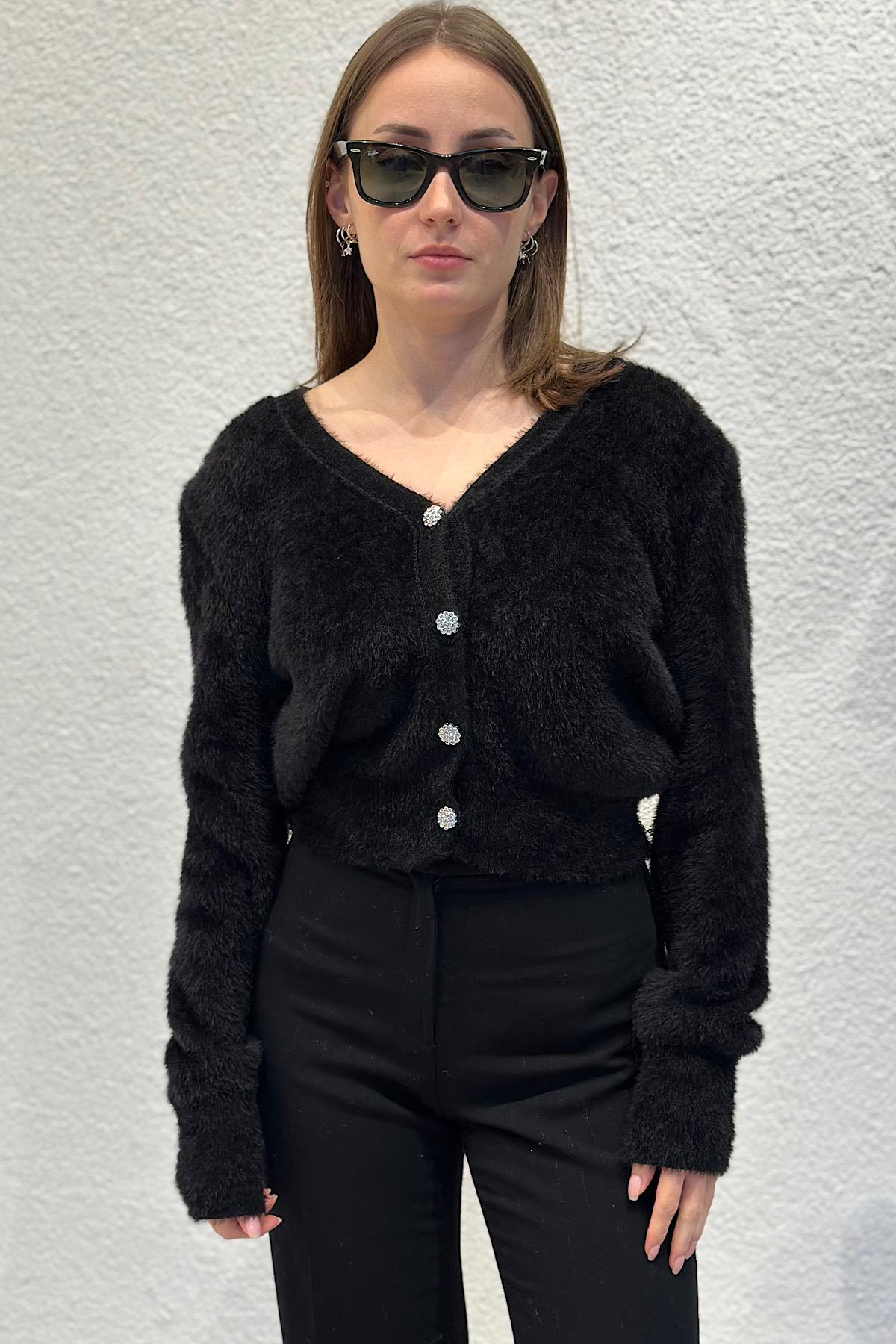 Premium Taş Düğme Detaylı Angora Dokulu V Yaka Hırka