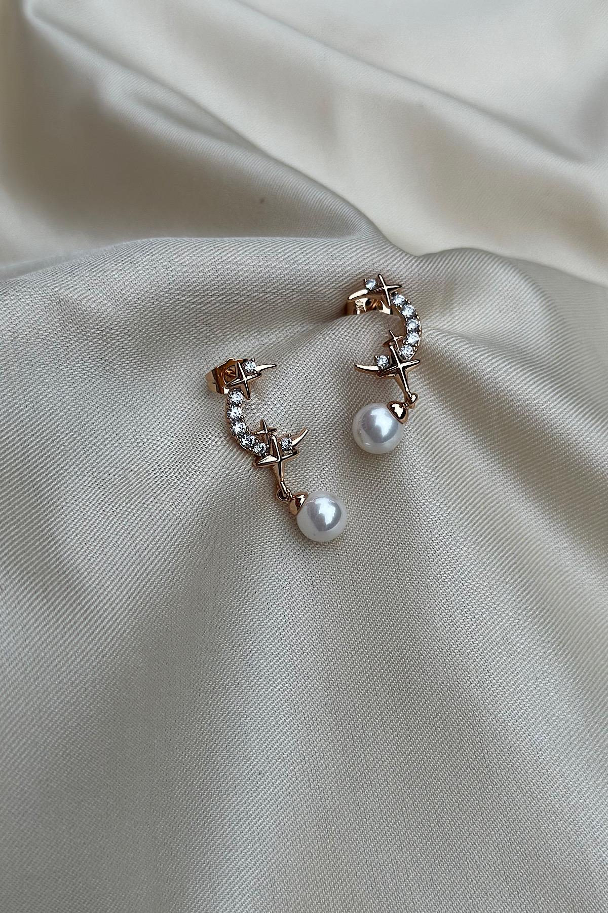 18K Altın Kaplama Ay Yıldız Detaylı İnci Sallantılı Küpe