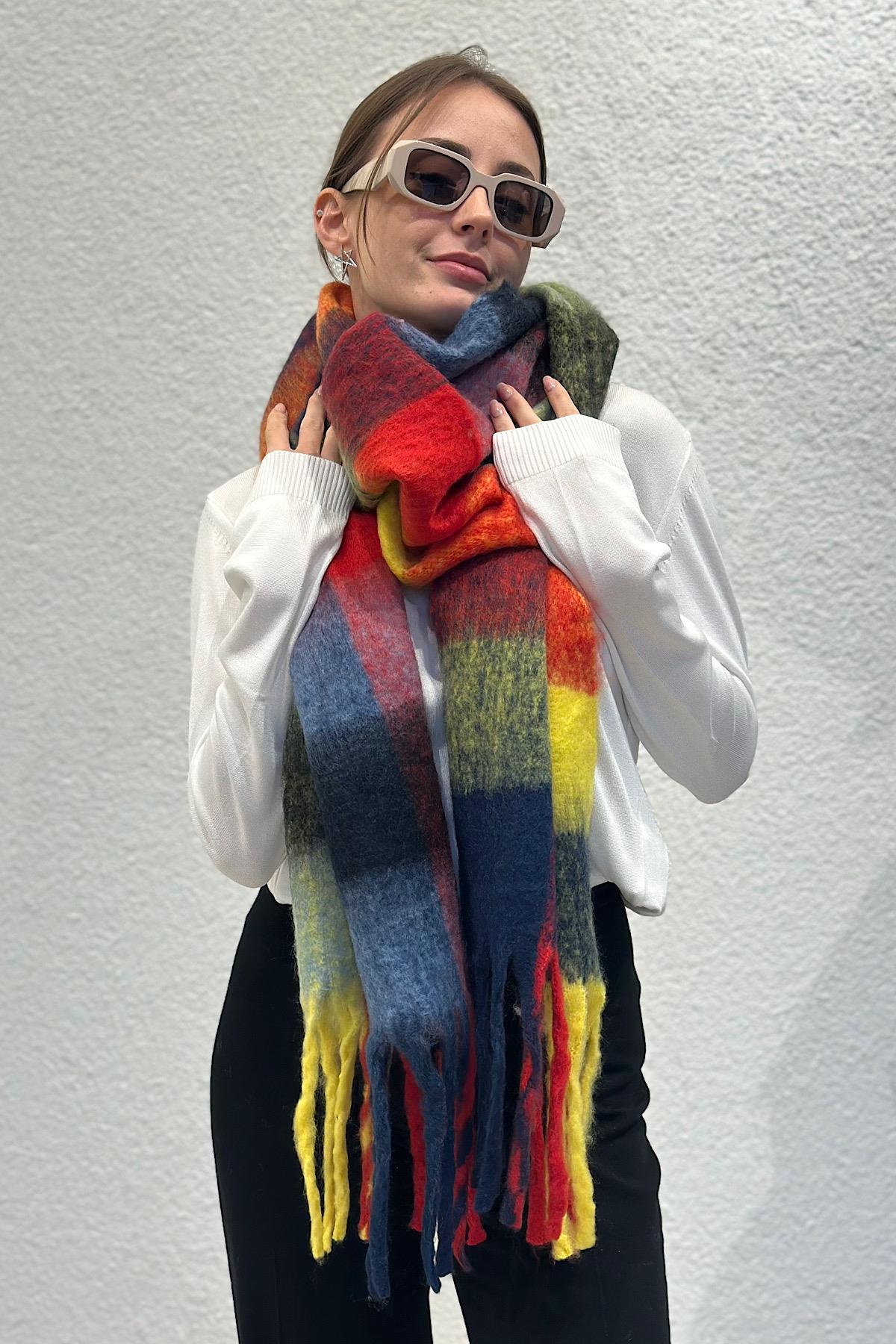 Angora Dokulu Renk Blok Detay Kalın Saçaklı Pinterest Viral Premium Atkı 220 x 40 cm