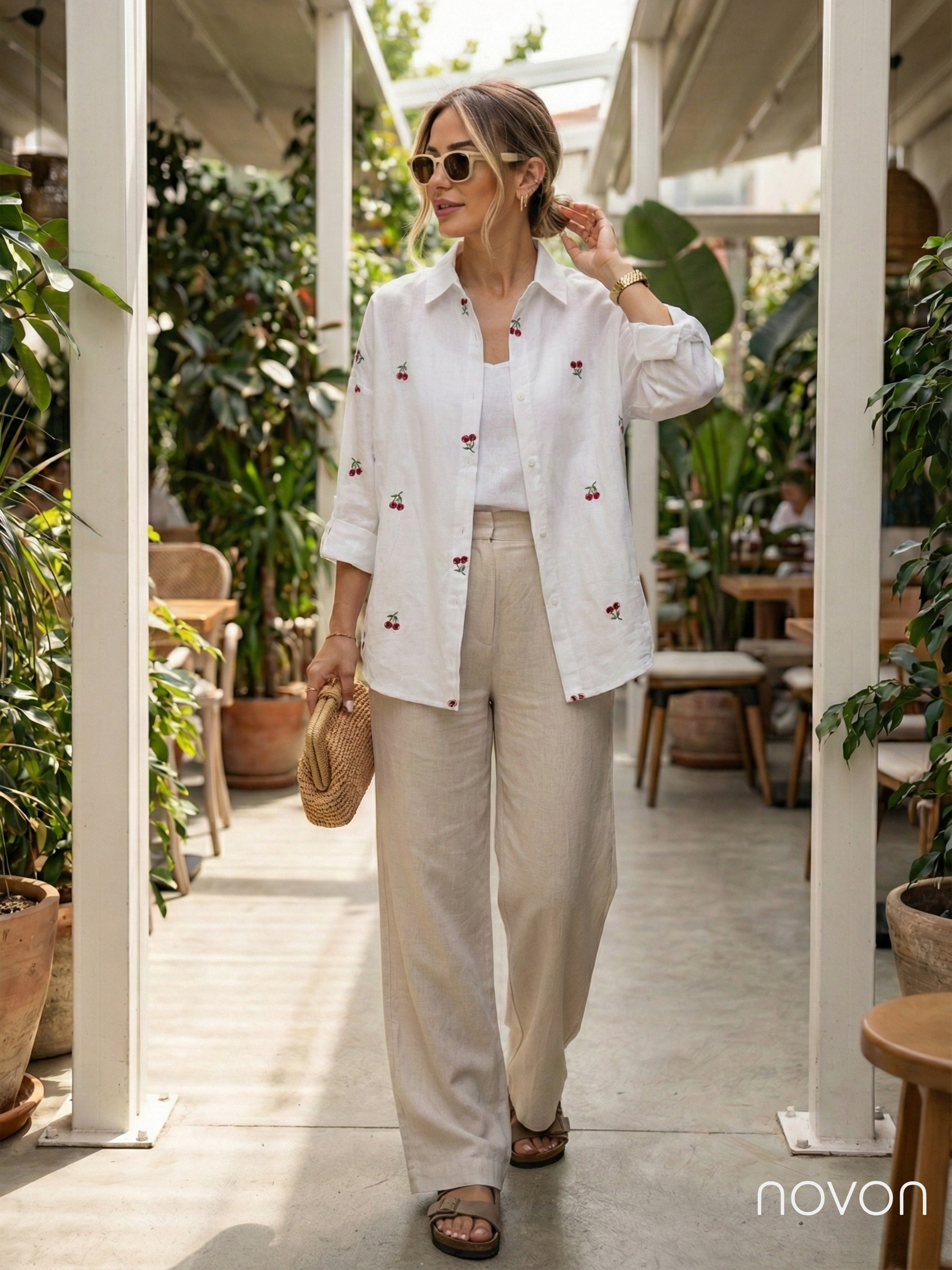 Kiraz Nakış Detaylı Premium Keten Gömlek