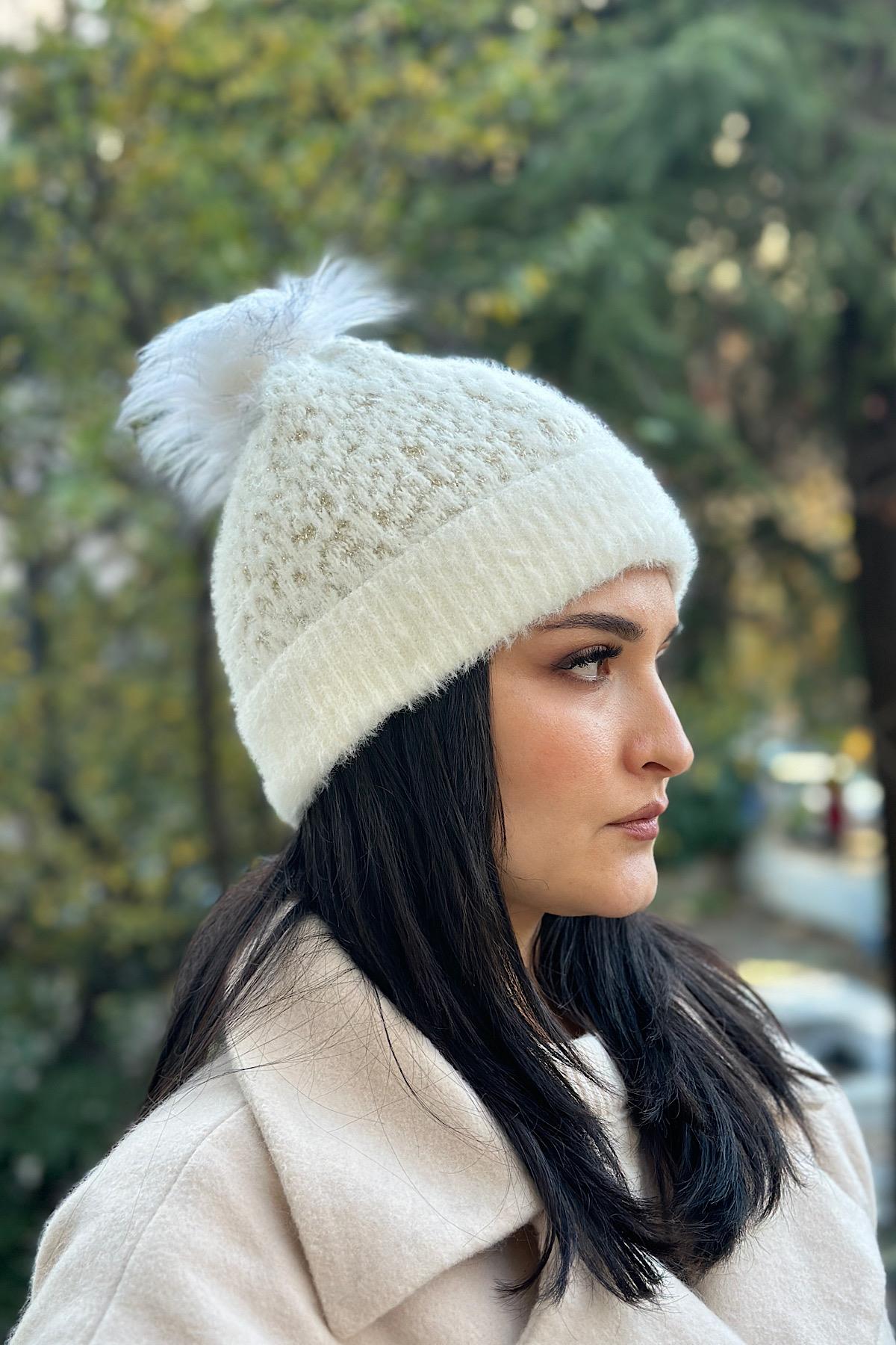 Sim Efektli Kürk Ponponlu İçi Kürk Premium Bere