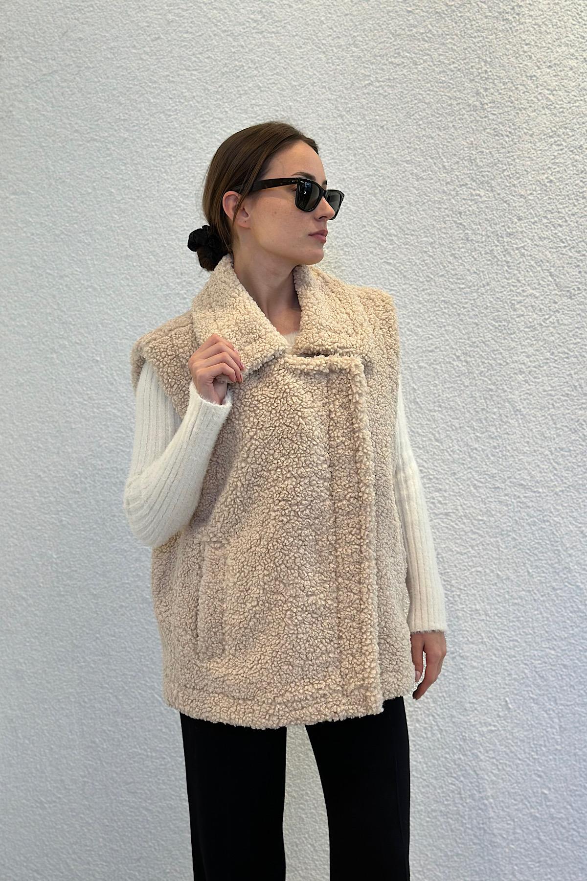 Oversize Özel Tasarım Teddy Fermuarlı Yelek Mont