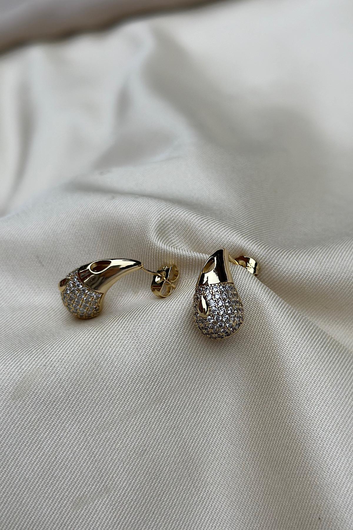 18K Gold Kaplama Botte jr. Ucu Taş Detaylı Premium Küpe