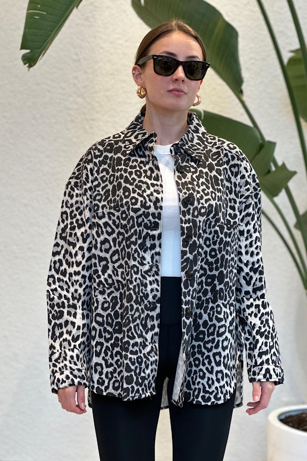 Gabardin Kumaş Leopar Tasarım Gömlek/Ceket