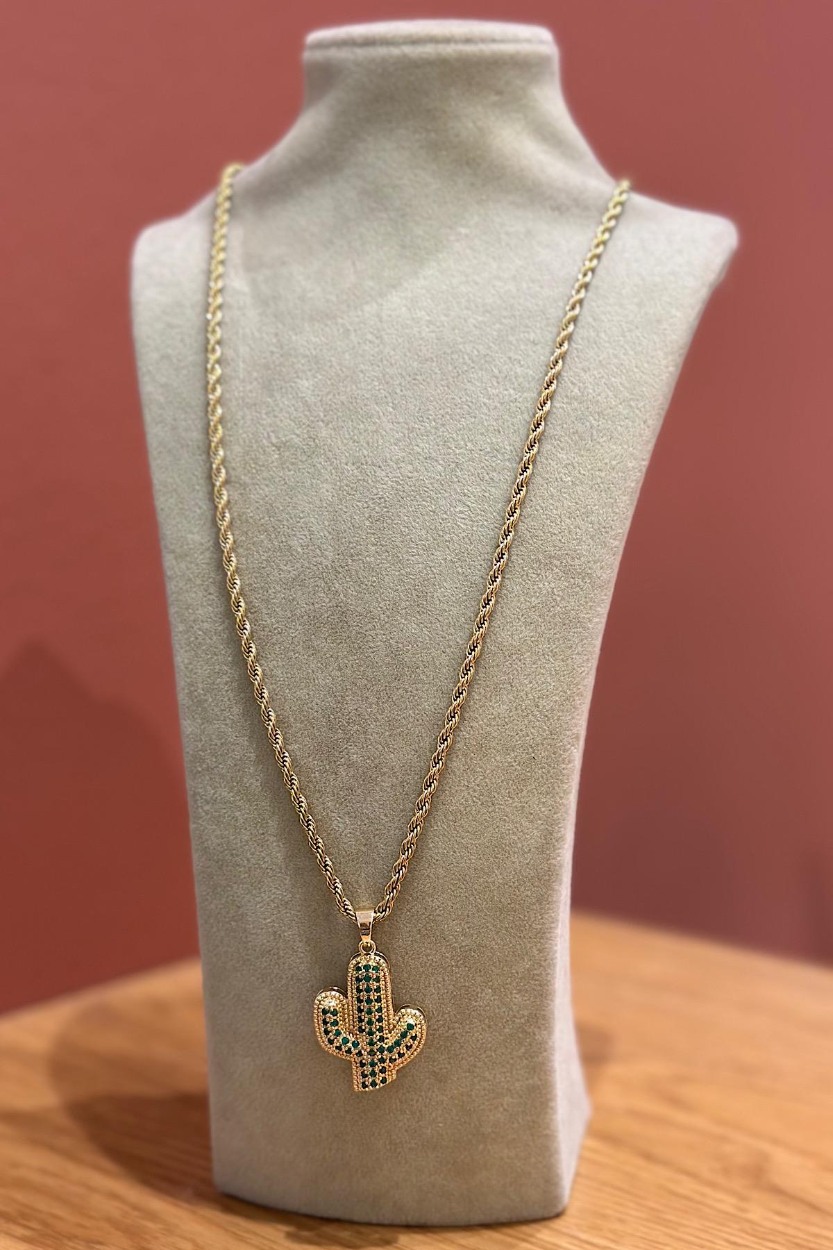 Kaktüs Uç Detaylı Uzun Çelik Kolye