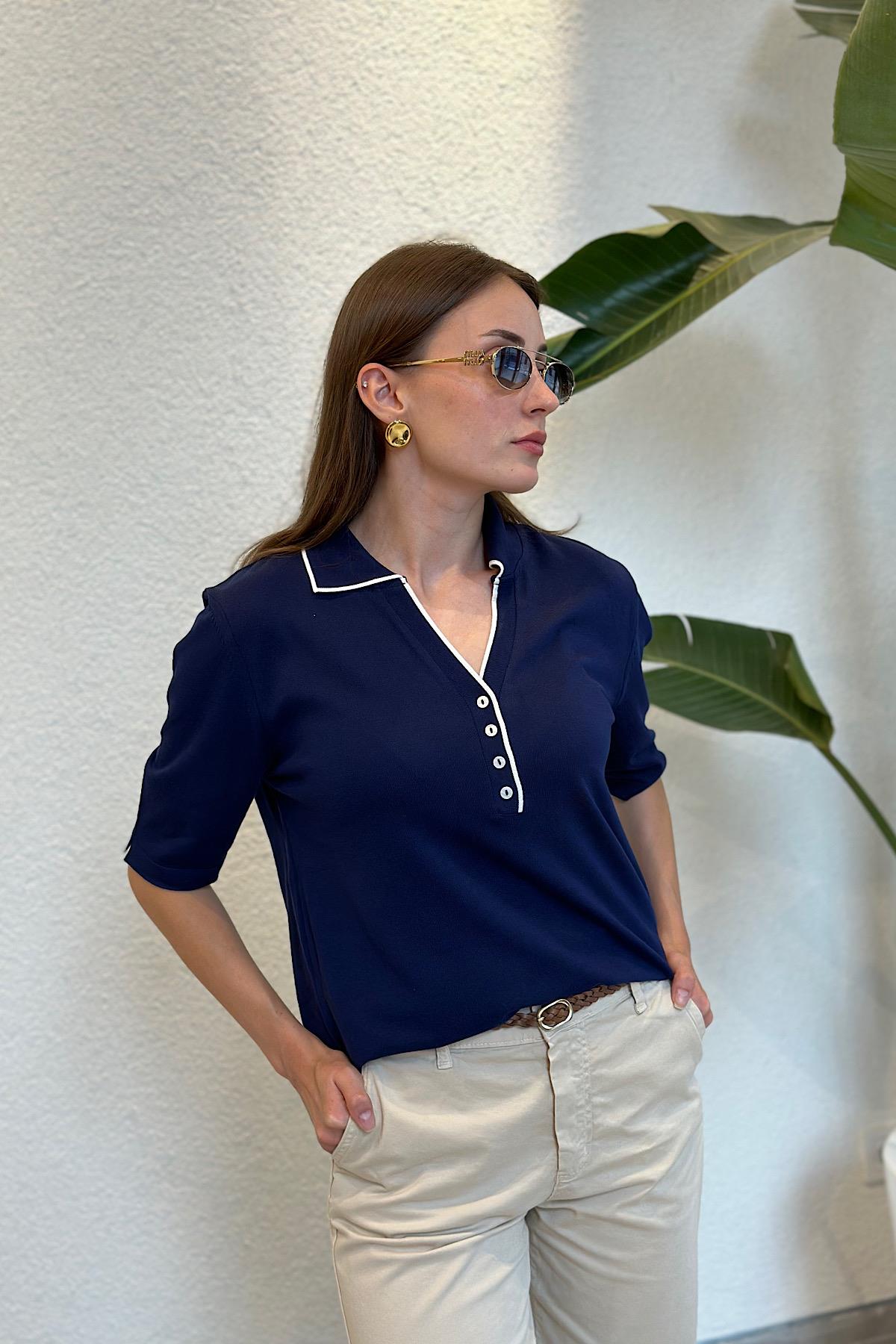 Kontrast Polo Yaka Düğmeli Merserize Triko Bluz