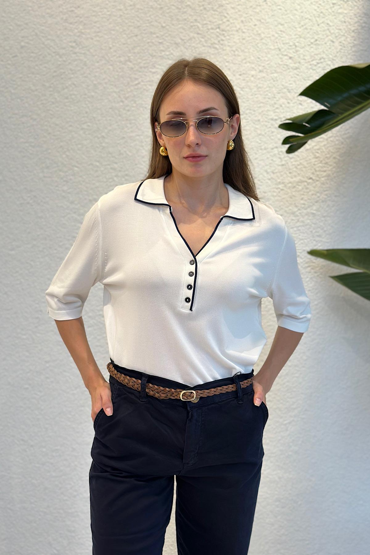 Kontrast Polo Yaka Düğmeli Merserize Triko Bluz