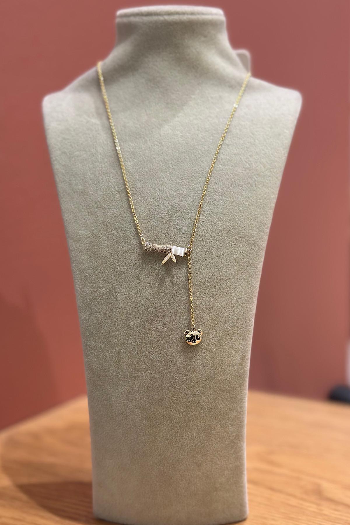 Panda ve Bambu Uç Detaylı Çelik Kolye