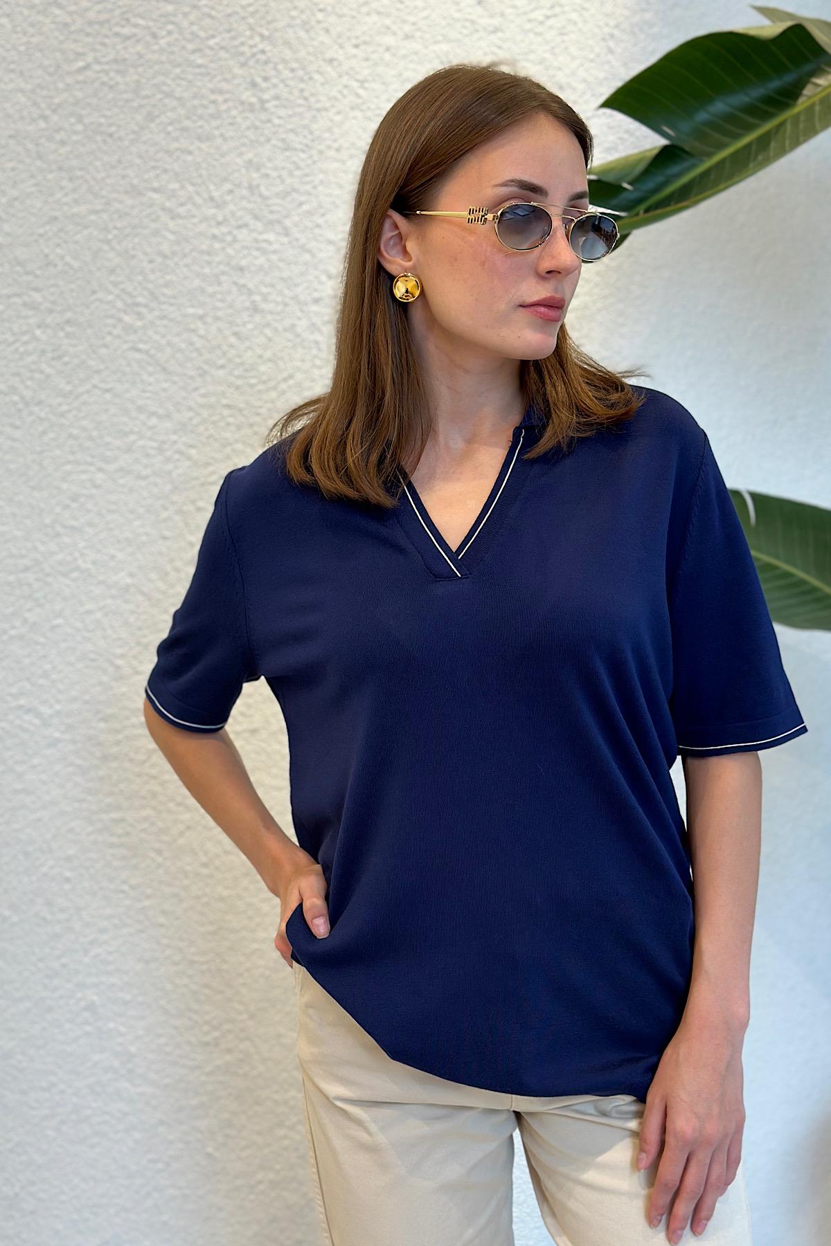 Polo Yaka Kontrast V Yaka Merserize Triko