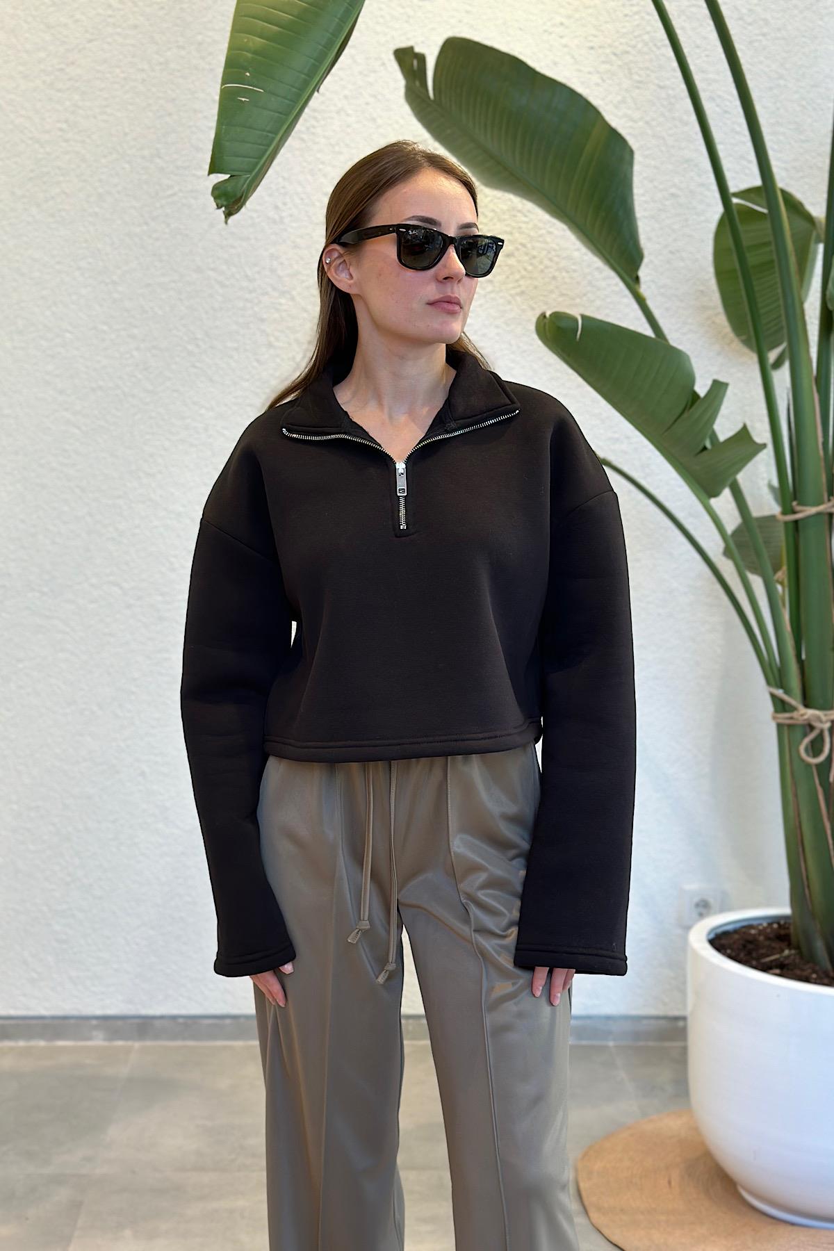 Yakası Fermuarlı Oversize Premium 3 İplik Şardonlu Sweatshirt