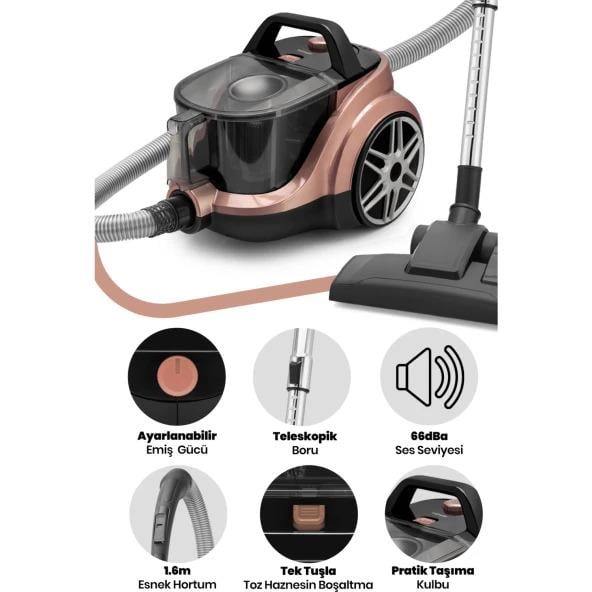 Goldmaster Goldpower Sessiz 2.5 Litre Kapasiteli Hız ve Emiş Güç Ayarlı Fitreli Toz Torbasız Elektrikli Süpürge 