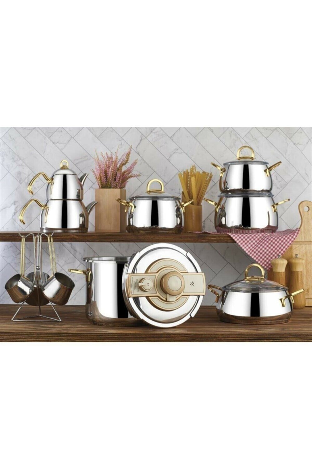 Kahramanlar Akasya 18 Parça Çelik Tencere Seti Gold