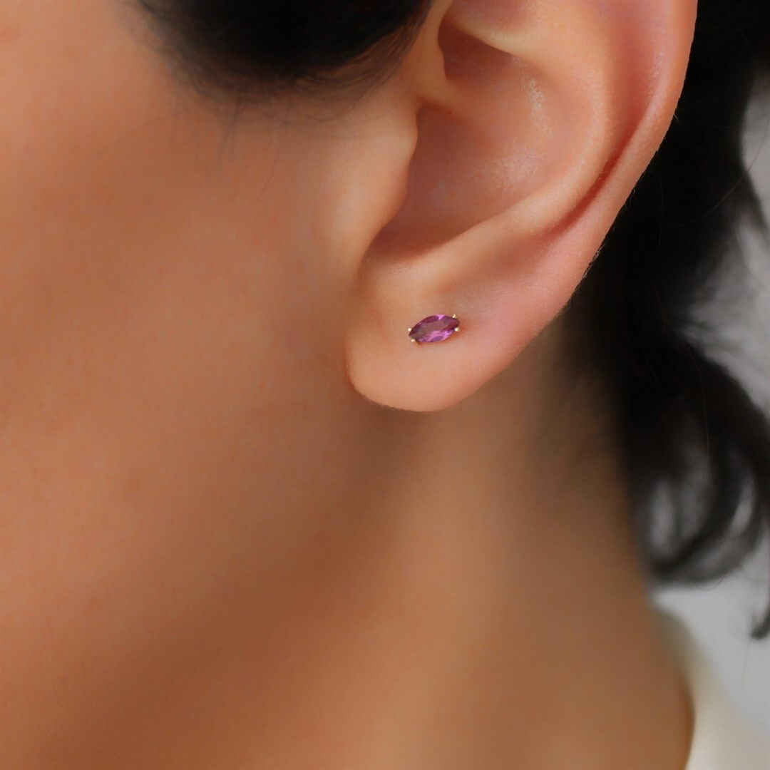 Markiz Kesim Ametist Altın Stud Küpe