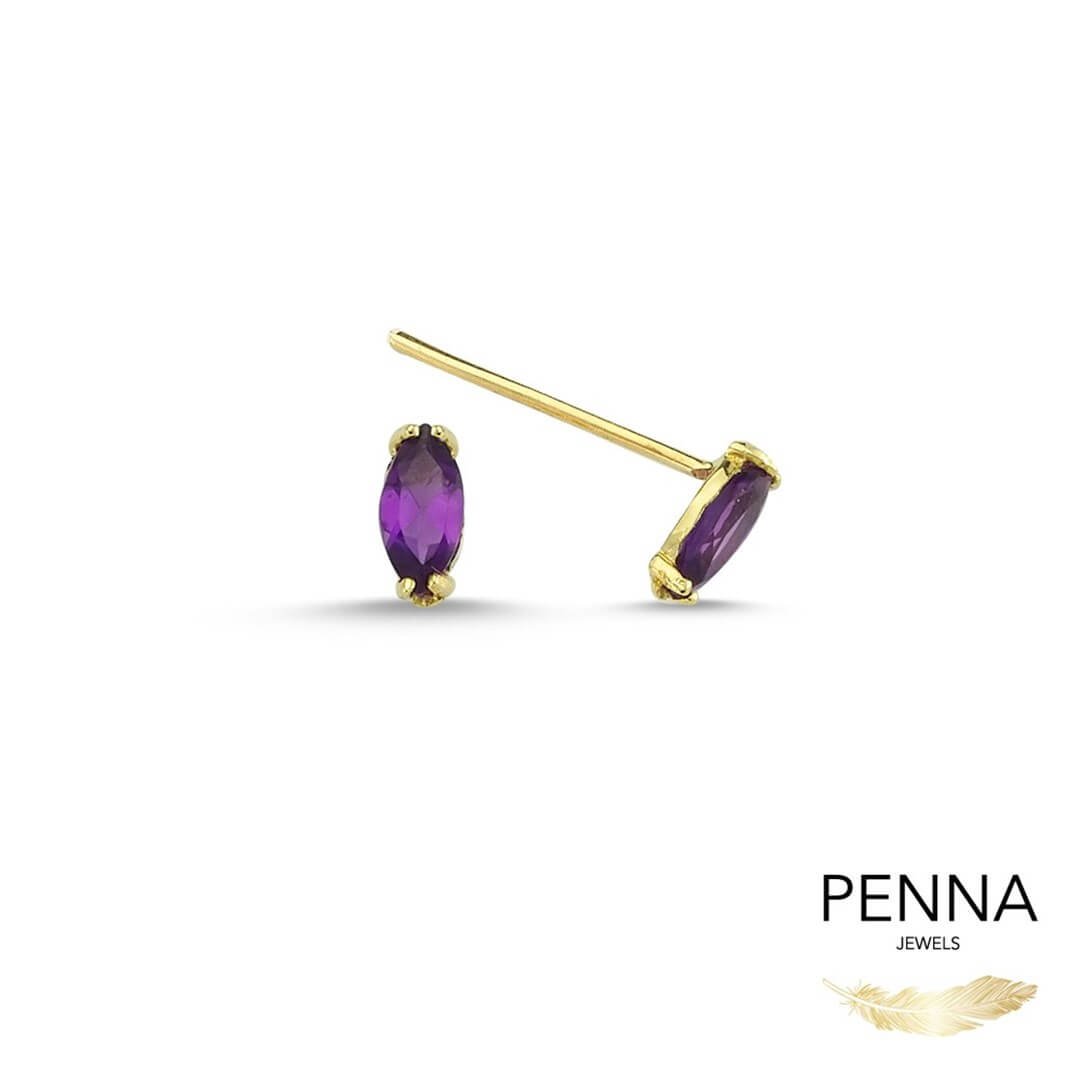 Markiz Kesim Ametist Altın Stud Küpe