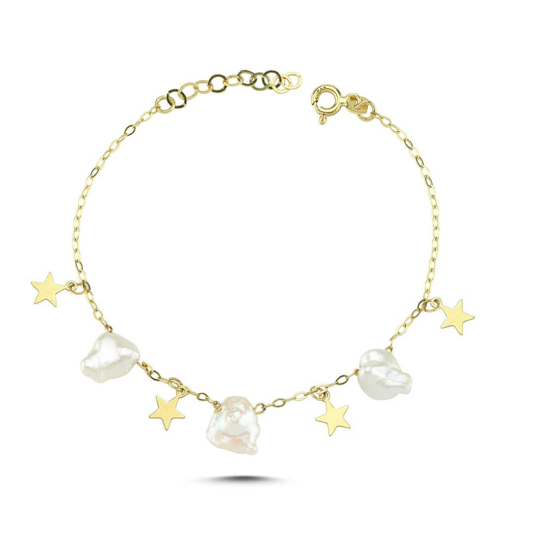 Plaka Yıldız ve İnci Sallantılı Altın Bileklik – Keshi