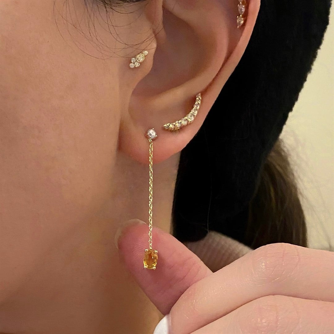 Pırlantalı Oval Kesim Sitrin Sallantılı Küpe