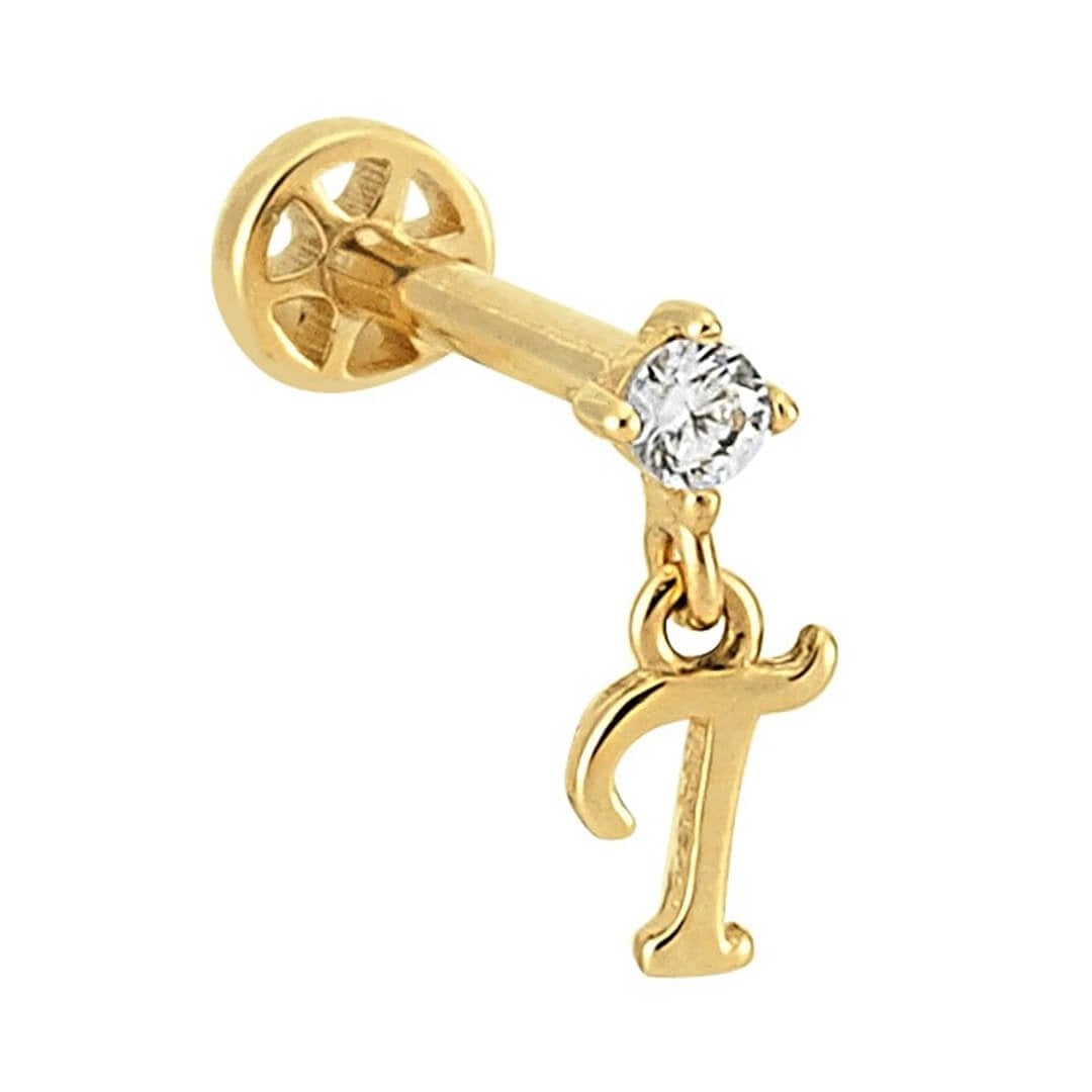 Pırlantalı Altın Piercing – Harf Sallantılı – T